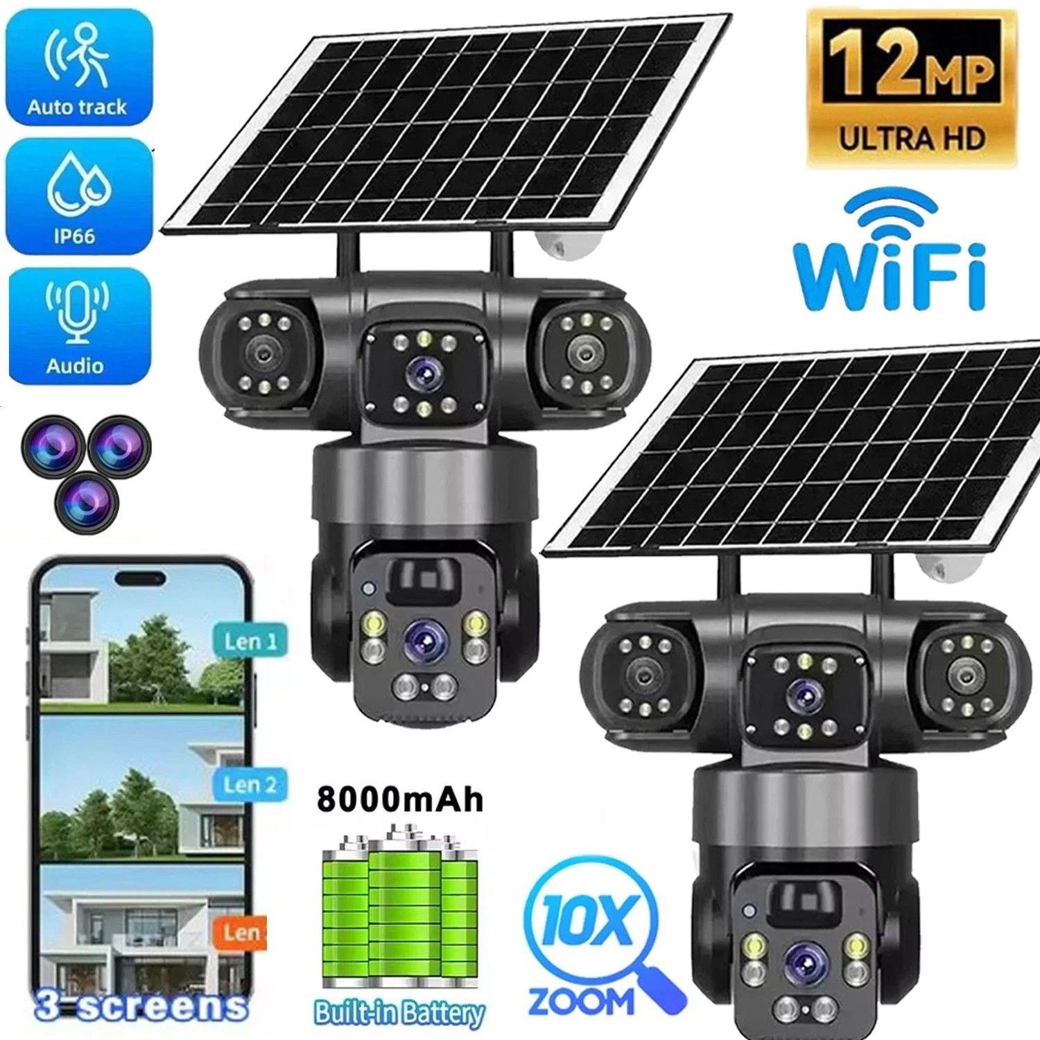 3 Lens 12MP Solar Battery Home Security Camera Outdoor Wifi Wireless PTZ CCTV US