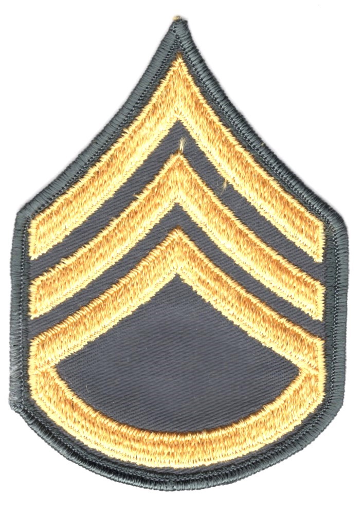 Army Rank Chevron: Staff Sergeant - VN era, 3" merrowed edge single