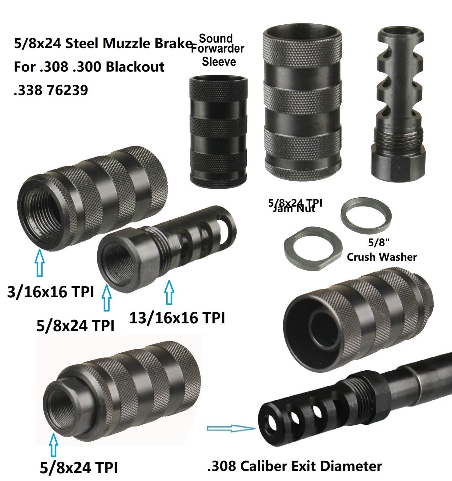Steel 5/8x24 TPI Muzzle Brake With 13/16x16 TPI Sound Forwarder F 308 300BLK 338