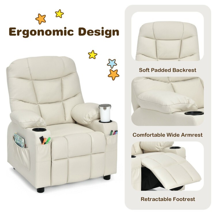 Kids Padded PU Leather Adjustable Recliner Chair W/Cup Holders & Storage Pockets