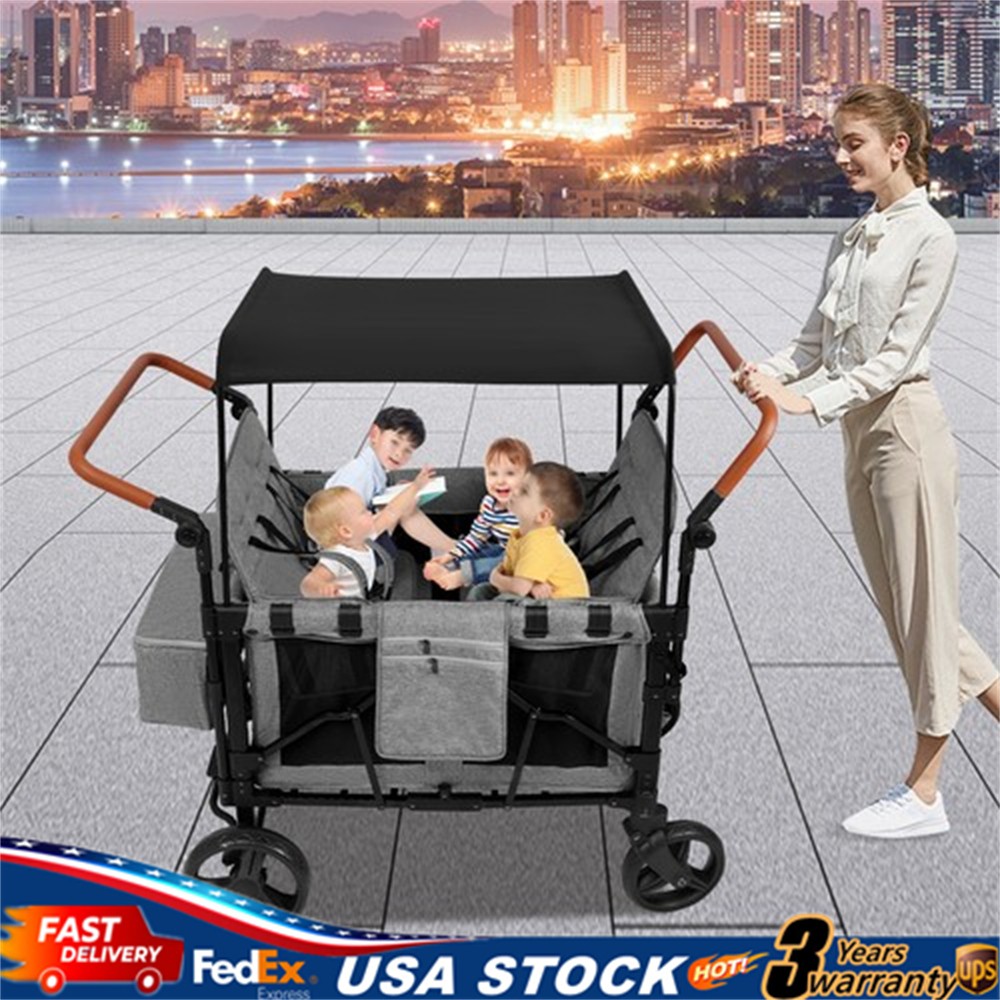 Folding Baby Stroller Wagon Cart For 4 Kids Face To Face High Seat With Canopy