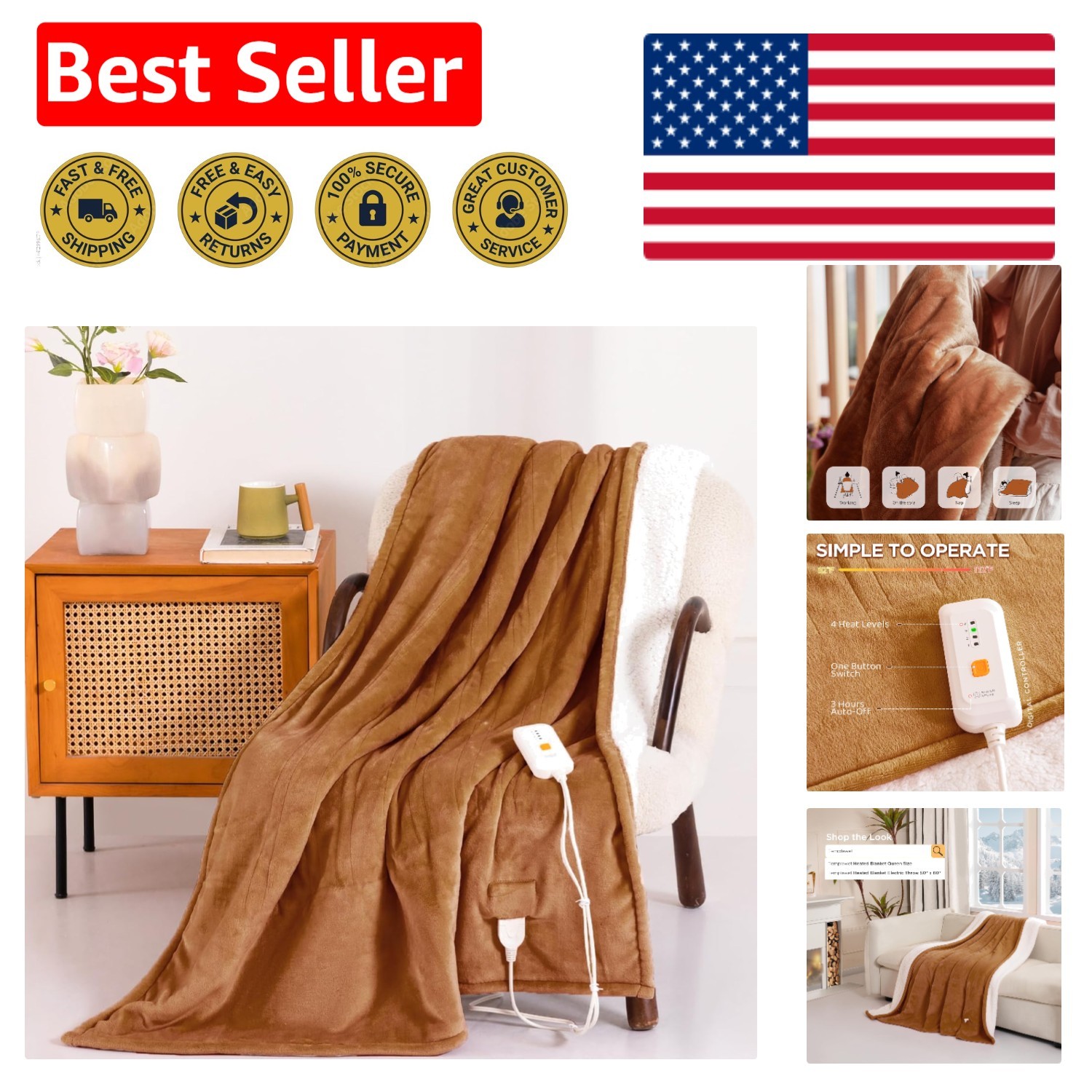 Cocoa Brown Electric Throw Blanket 50” x 60” - 3 Hours Auto Shut-Off Function