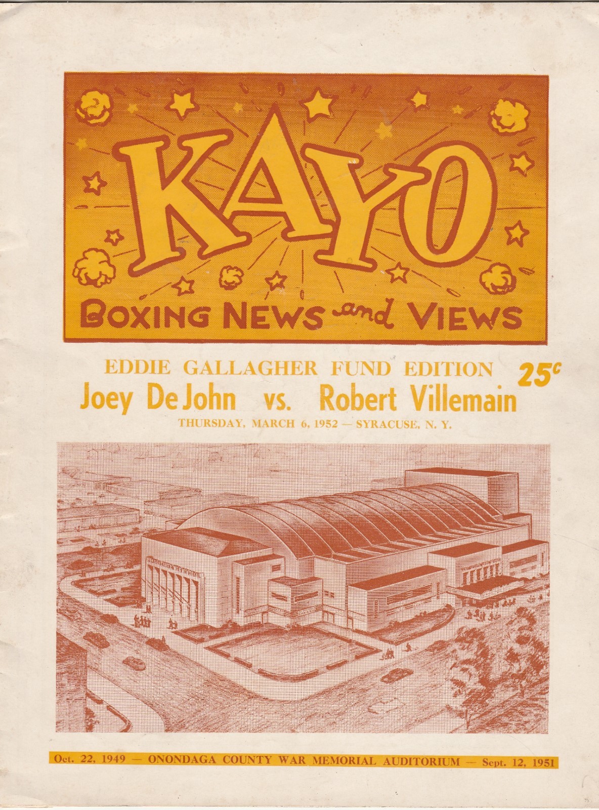 JOEY DeJOHN vs ROBERT VILLEMAIN ONSITE BOXING PROGRAM SYRACUSE NY MARCH 6, 1952