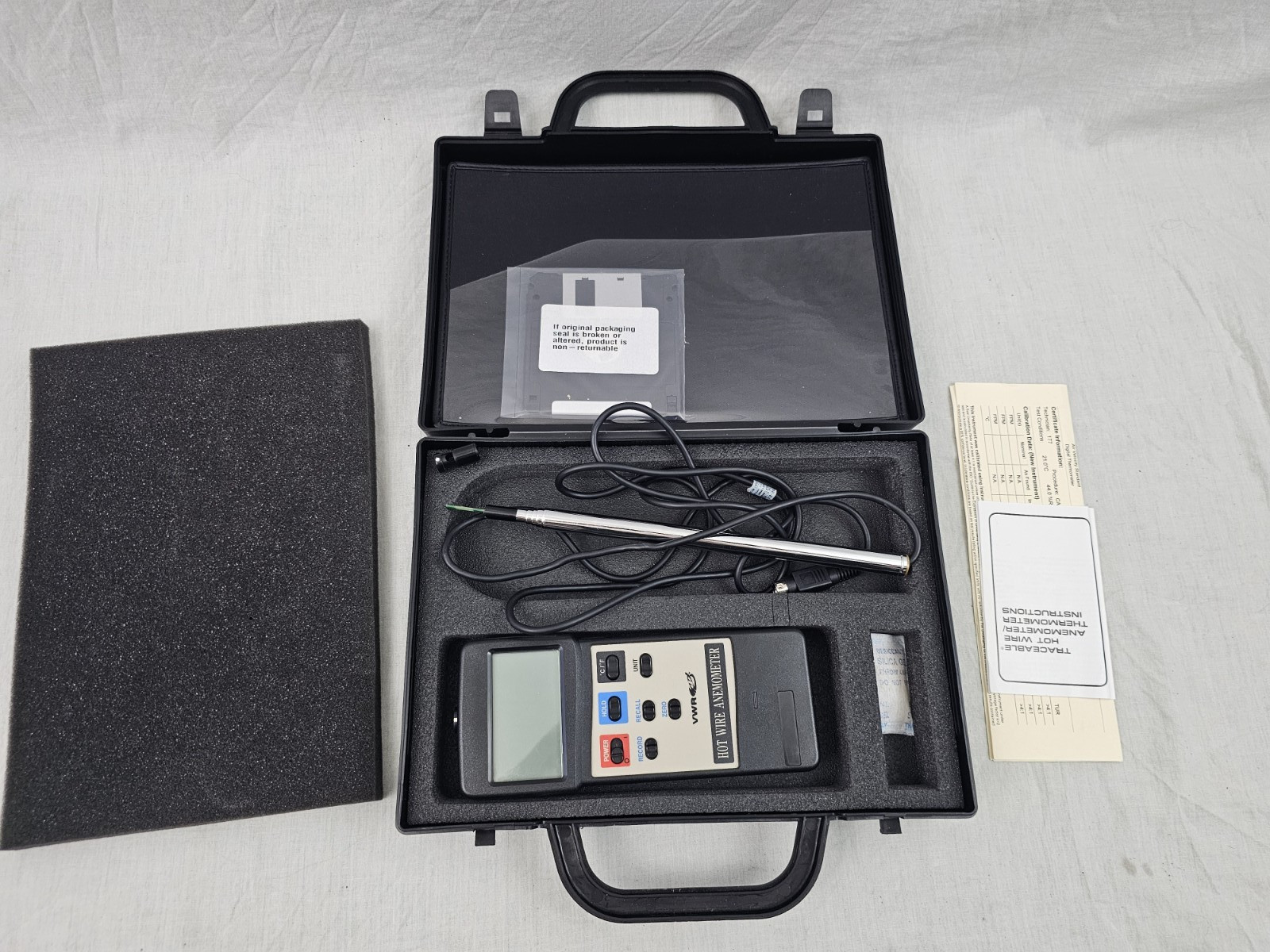 VWR HOT WIRE ANEMOMETER THERMOMETER WITH PROBE AND CASE FOR PARTS OR REPAIR