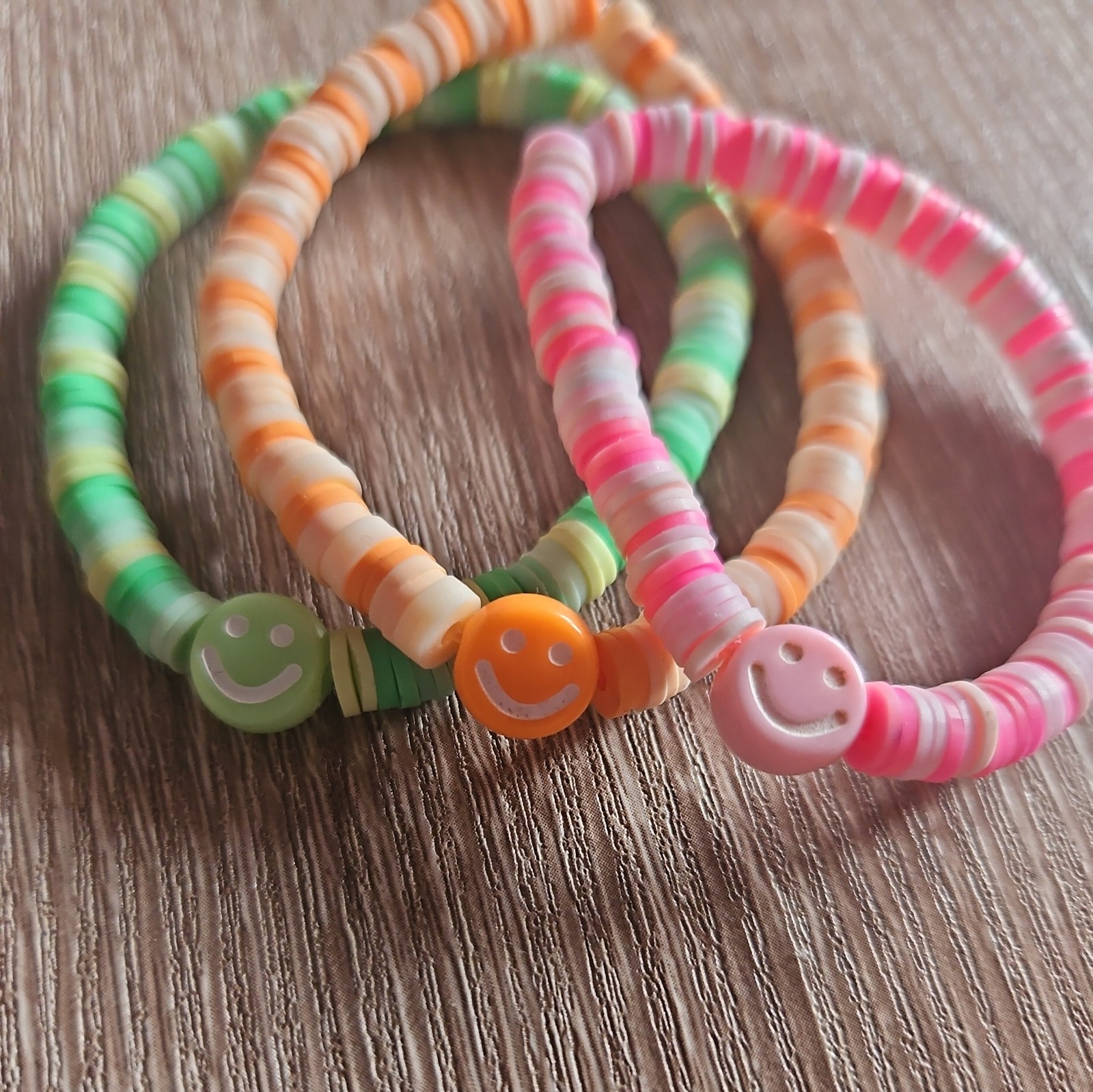 Handmade Smile Clay Beaded Stretchy Bracelets With Charm 6"  Multicolored