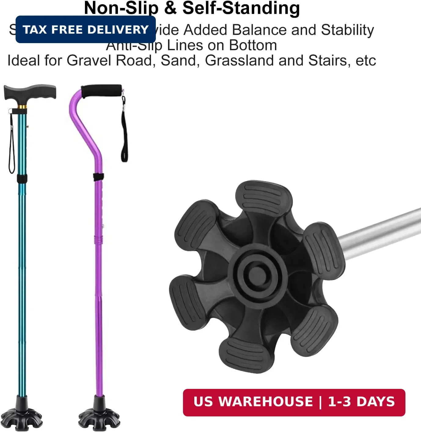 supregear Cane Tip (2-Pack) - 3/4" Self Standing Base Replacement for Offset Qua
