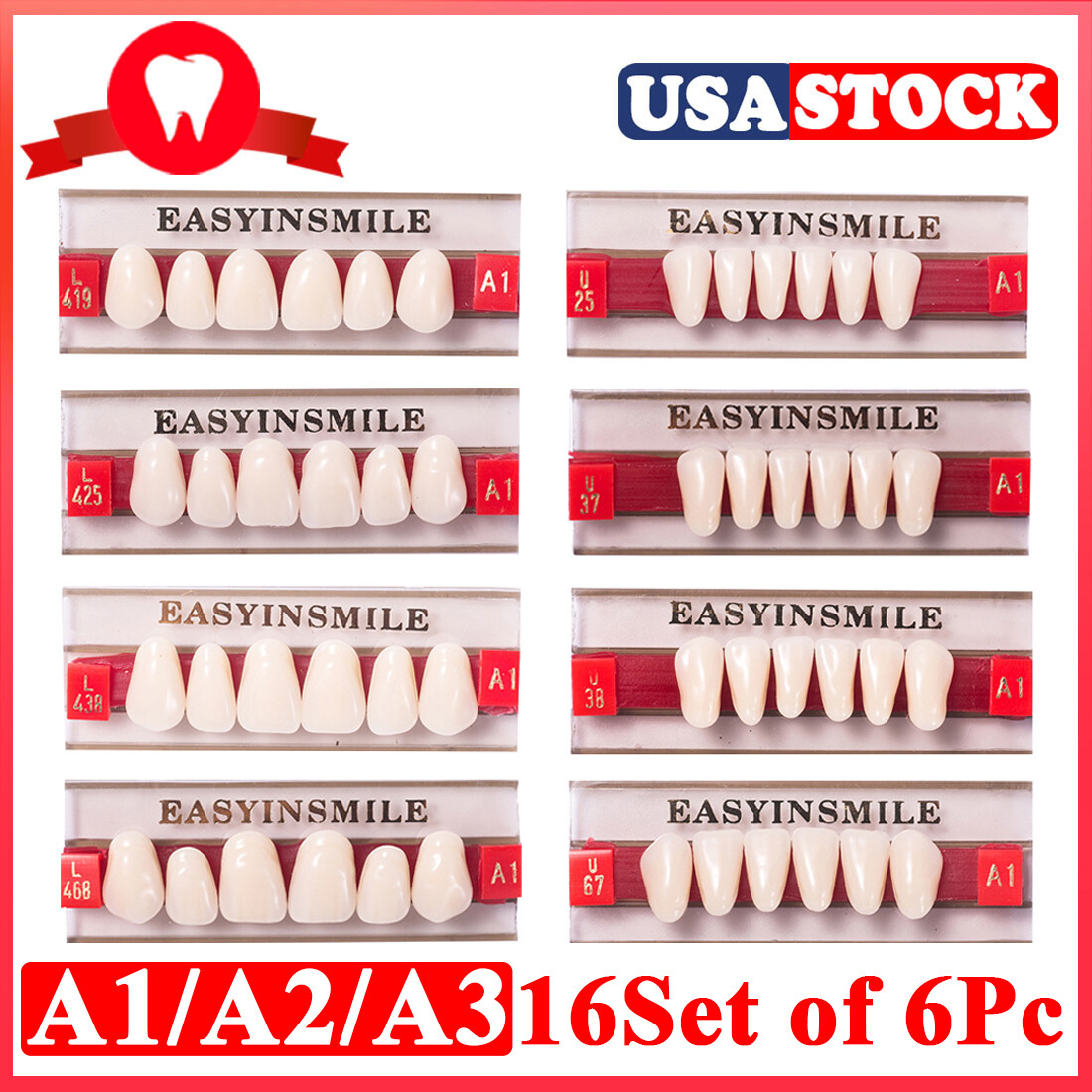Dental Acrylic Resin upper/Lower Anterior Denture Teeth A1/A2/A3 16Set*6Pc 2Pack