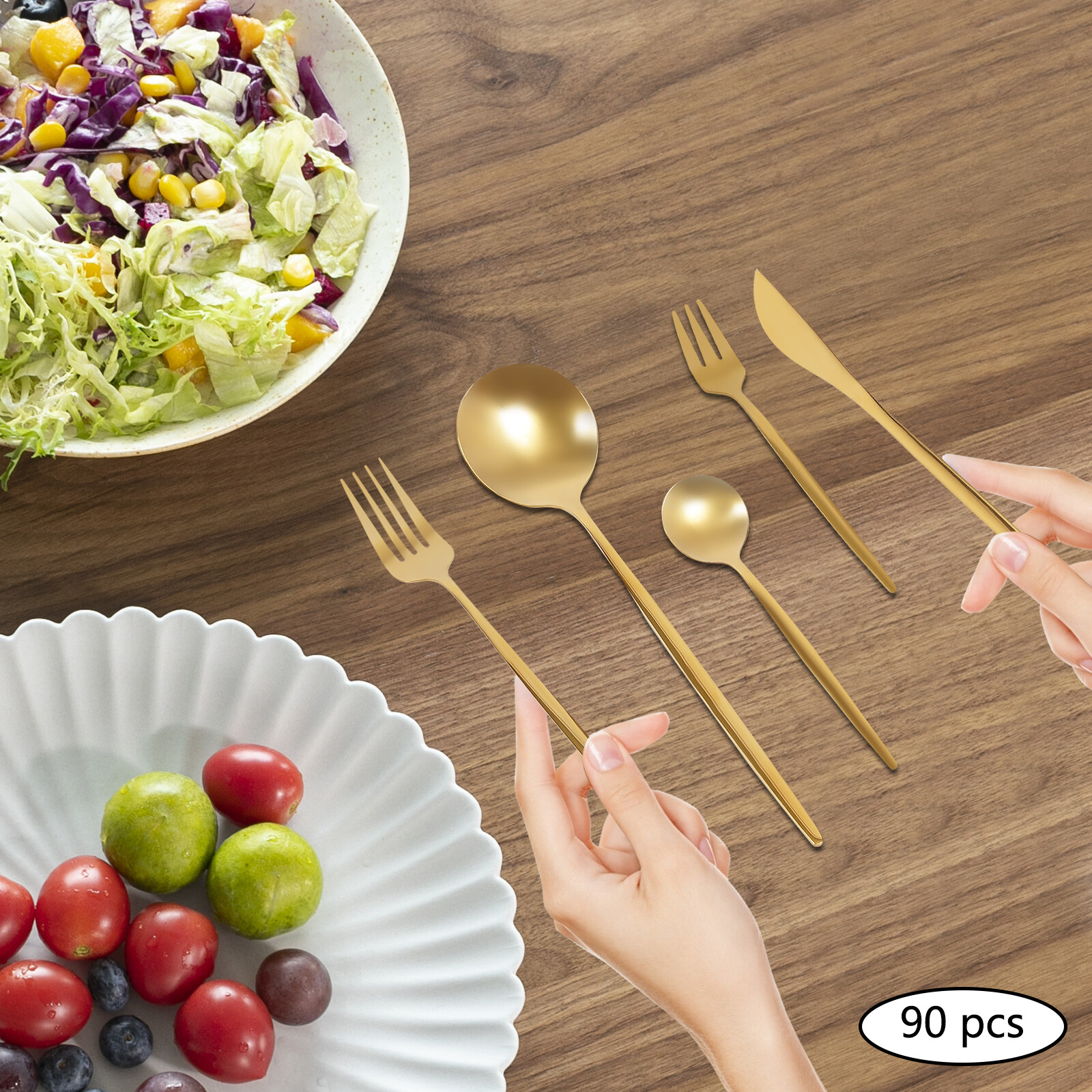 90 Pieces Gold Silverware Set Modern Stainless Steel Flatware Set Service For 18