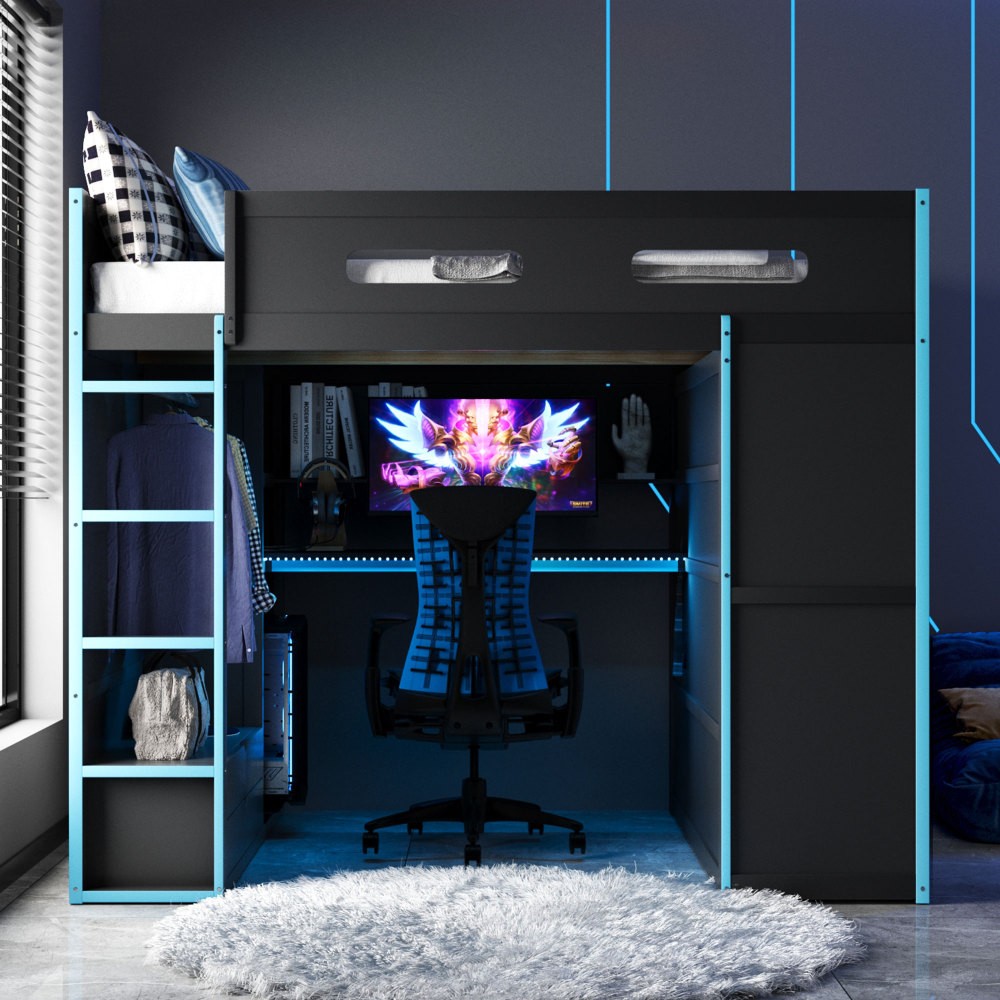 Full Loft Bed with Desk, Wardrobe & RGB Lights - Cloud Blue, Wood Frame