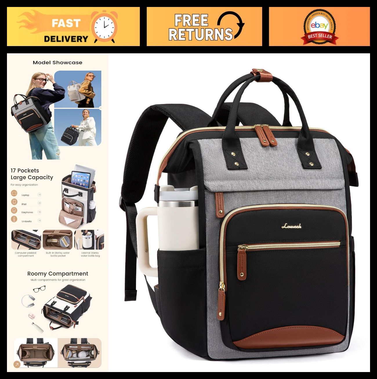 Large Capacity Laptop Backpack for Women, Waterproof 15.6" Work Bag with Cup Poc