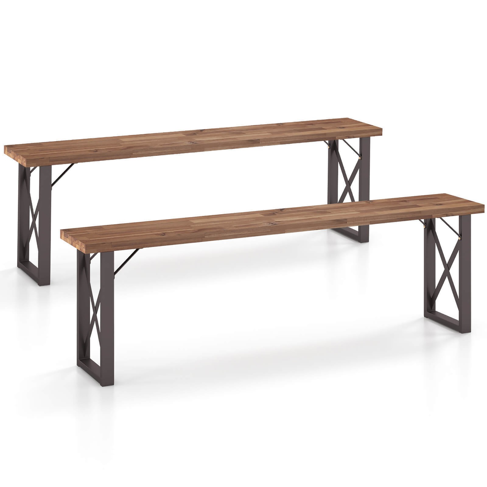 59'' Outdoor Acacia Wood Benches Set of 2 for 2-3 Person w/ Metal Support
