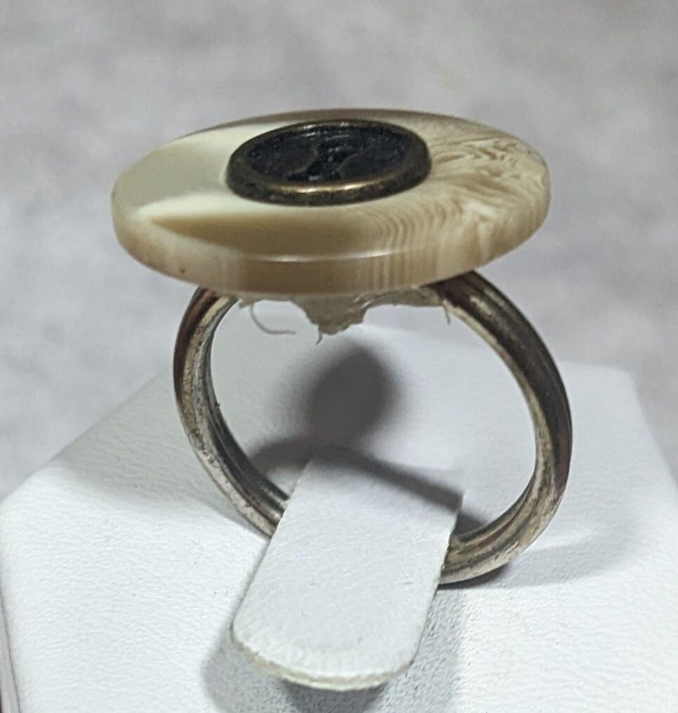 Handmade Upcycled Tan Button Ring Size 6