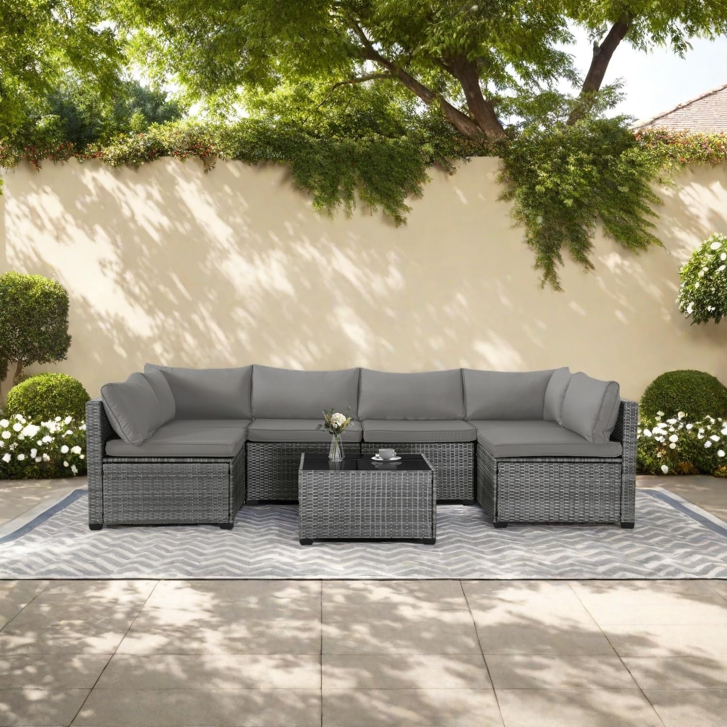 MOCHITO 7-Piece Outdoor Rattan Sectional Sofa Patio Furniture Set Gray Cushion