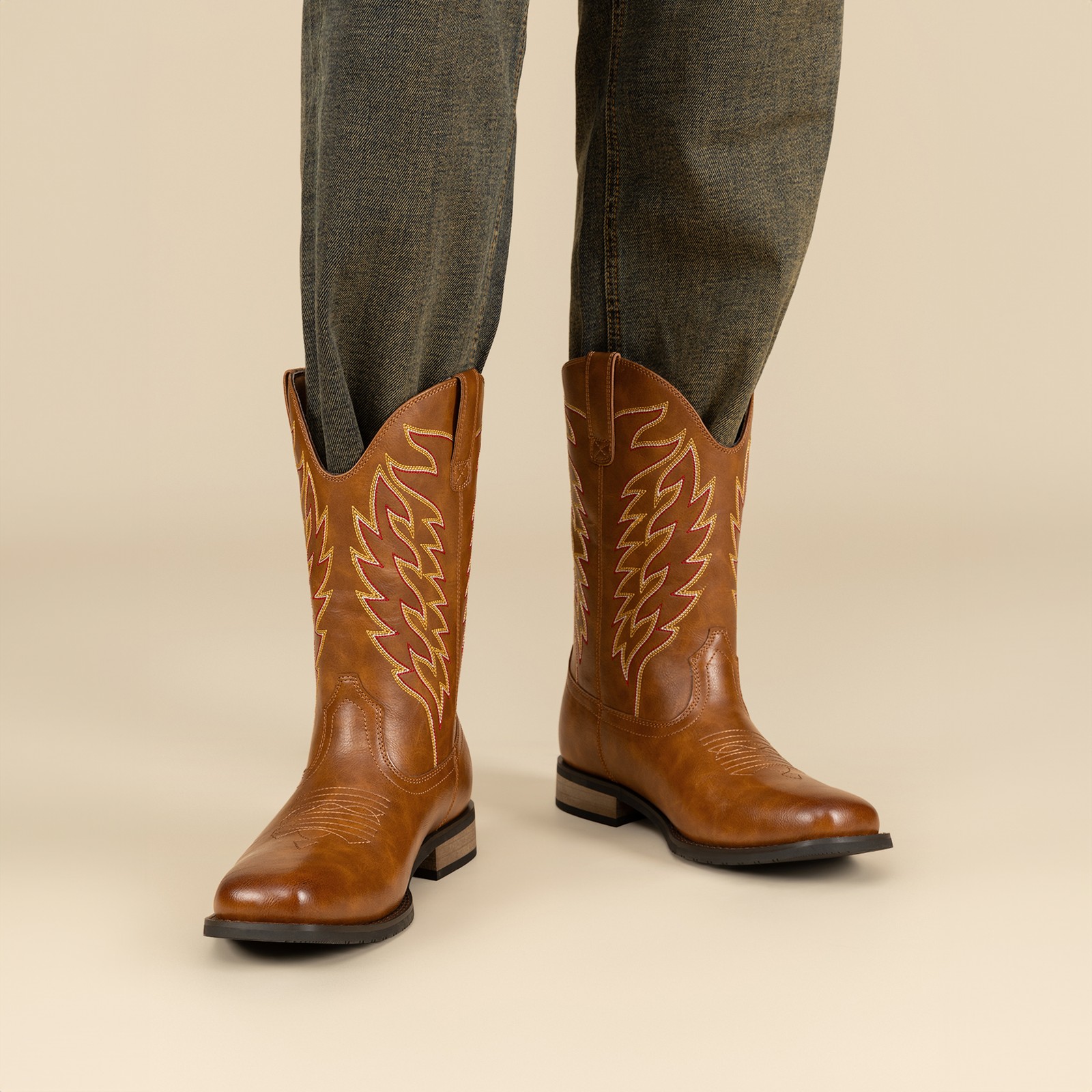 Men Cowboy Boots Calf High Western Boots Square Toe Boot US Size 6-15