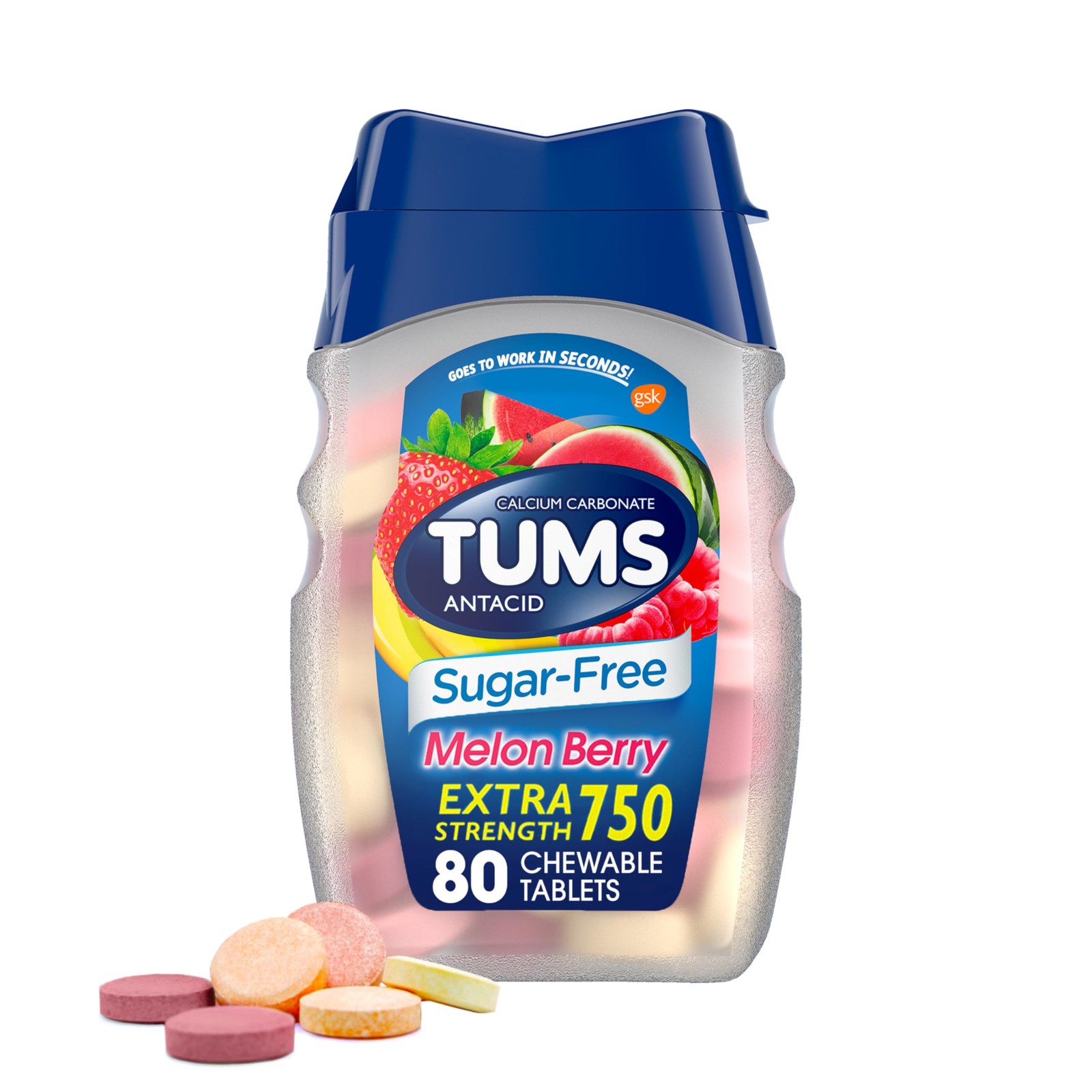 TUMS Extra Strength Chewable Sugar Free Antacid Tablets 80 Count, Melon Berry