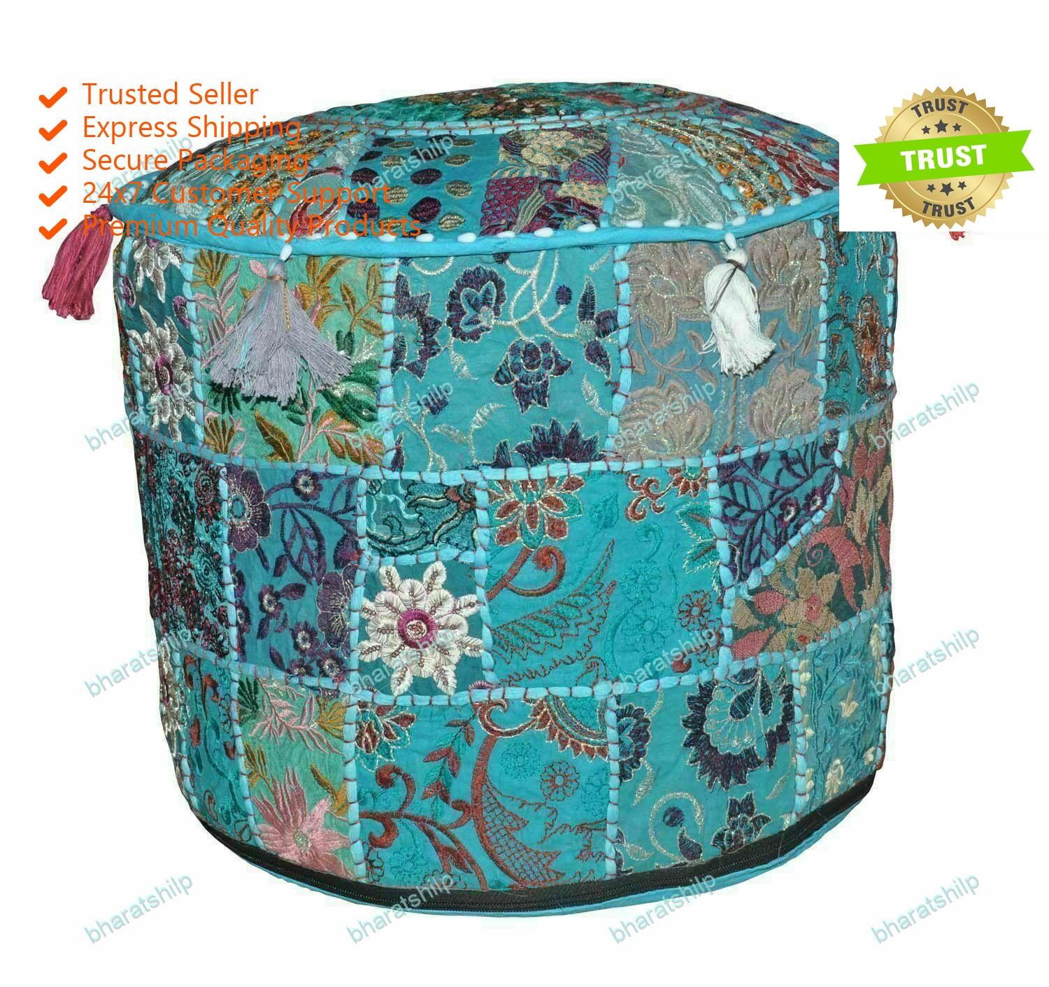 Indian Floral Ottoman Yoga Pouf Cover Footstool Pouffe Ethnic Decor USA Location