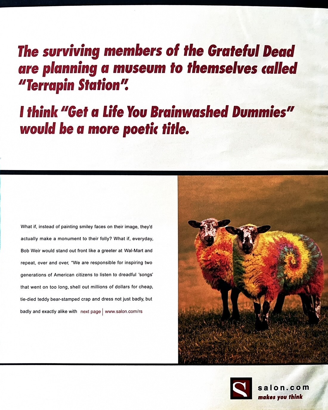 1999 SALON GRATEFUL DEAD Large Vintage Print Ad Tie-Dyed Sheep Jerry Garcia