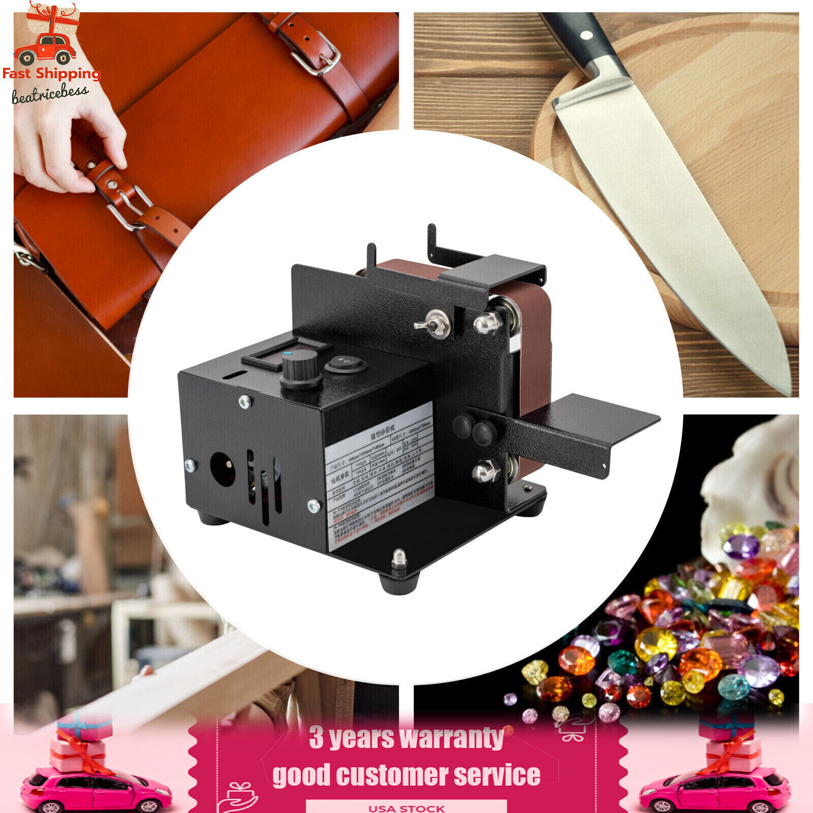 Electric Polishing Grinding Machine with 10PC Abrasive Belt for Wood Metal Knife