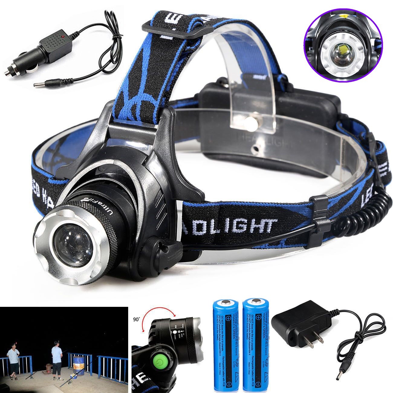 Zoomable LED Headlamp Rechargeable Headlight Camping Head Torch Flashlight US