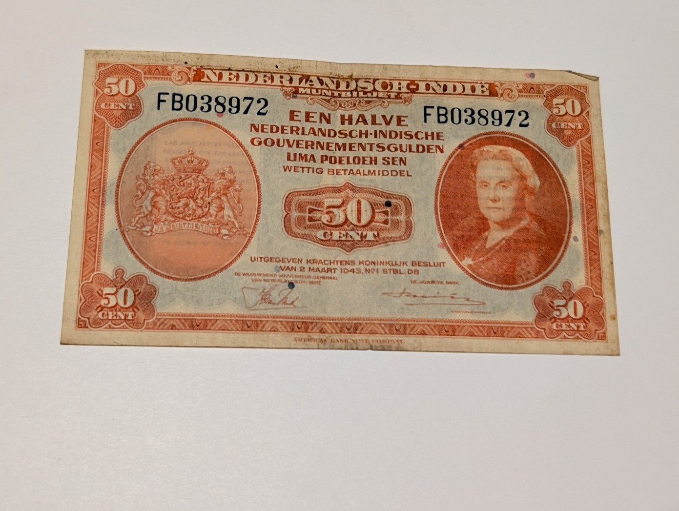 1943 Netherlands Indies 50 Cents Banknote Queen Wilhelmina ABNC Pick 110 G/VG