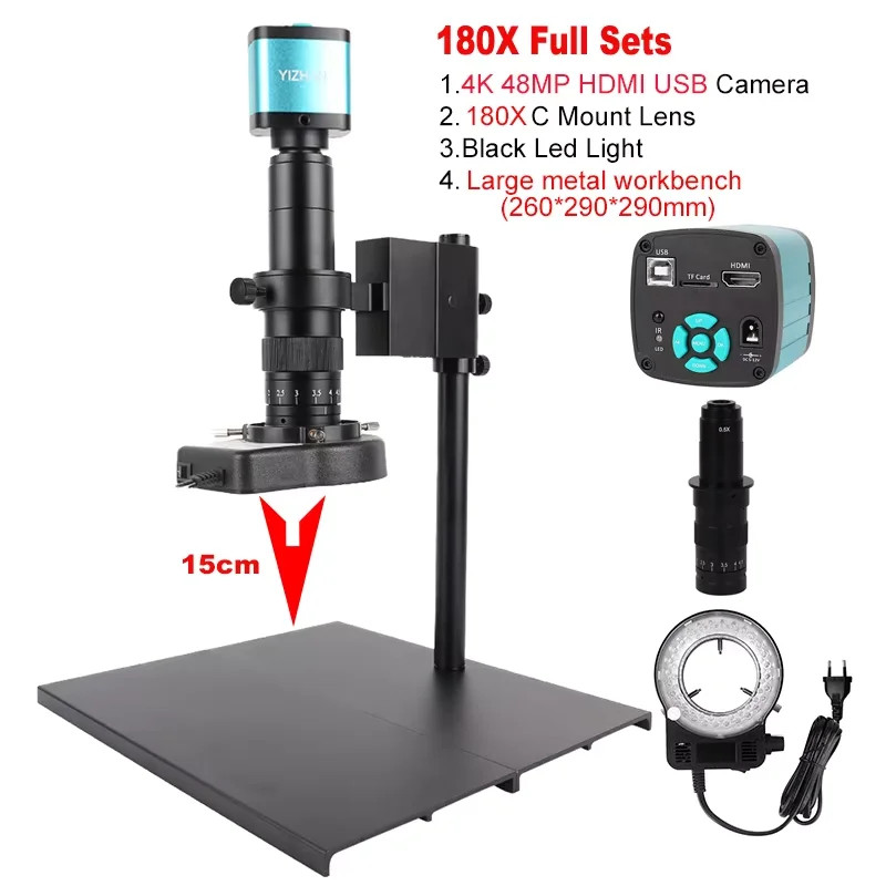 4K 48MP Video Microscope HDMI USB Industrial Microscope Camera 1-180X Zoom C Len