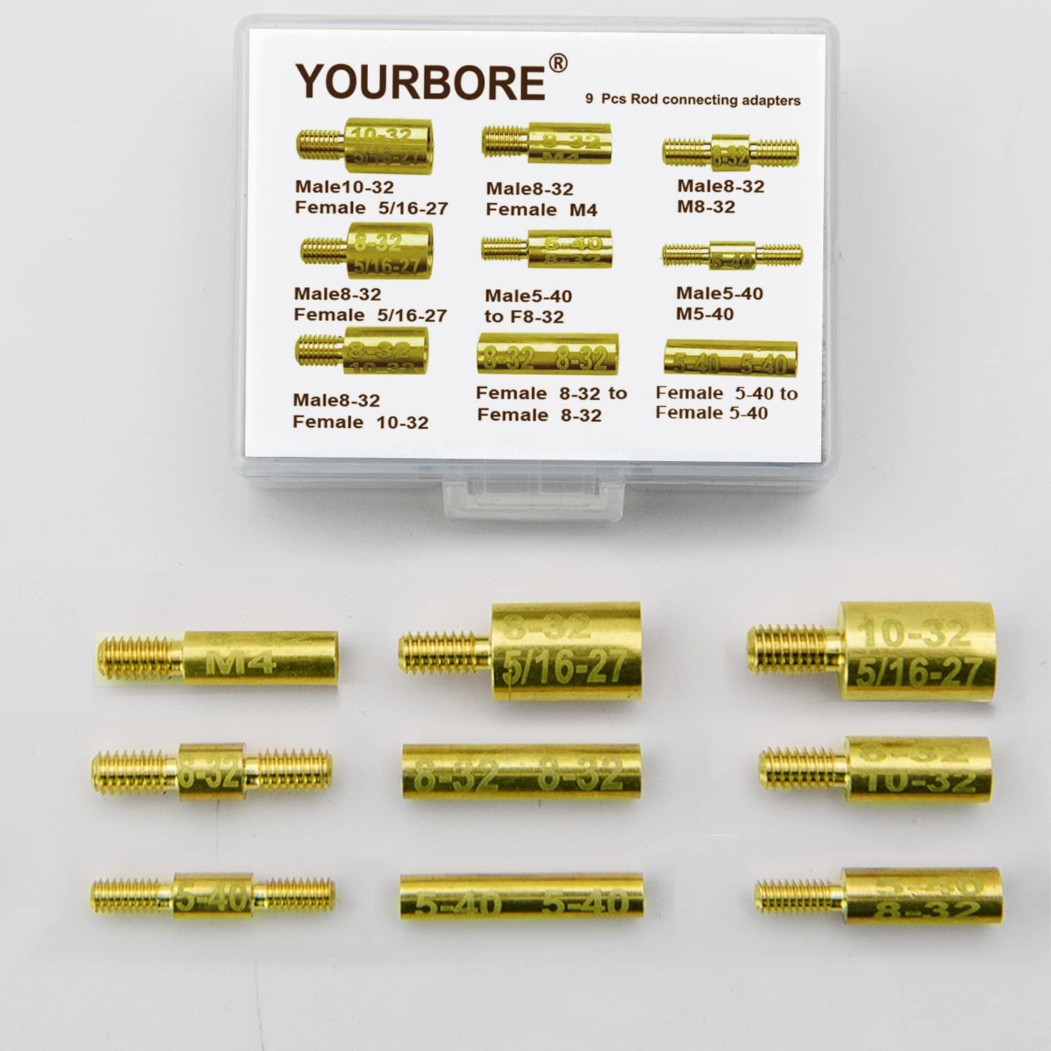 Gun Cleaning Rod Fitting adapters 9 pcs Pack 5-40 8-32 10-32 5/16-27 M4 Gold