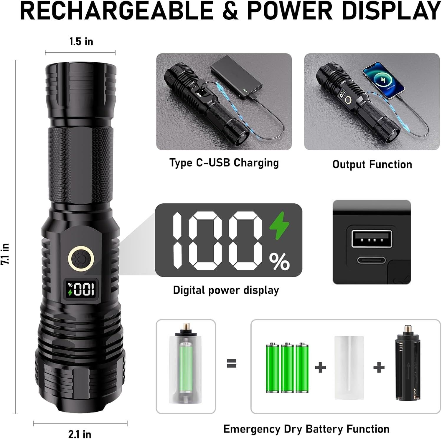 High Lumens Rechargeable LED Flashlight Waterproof Tactical Light for Camping