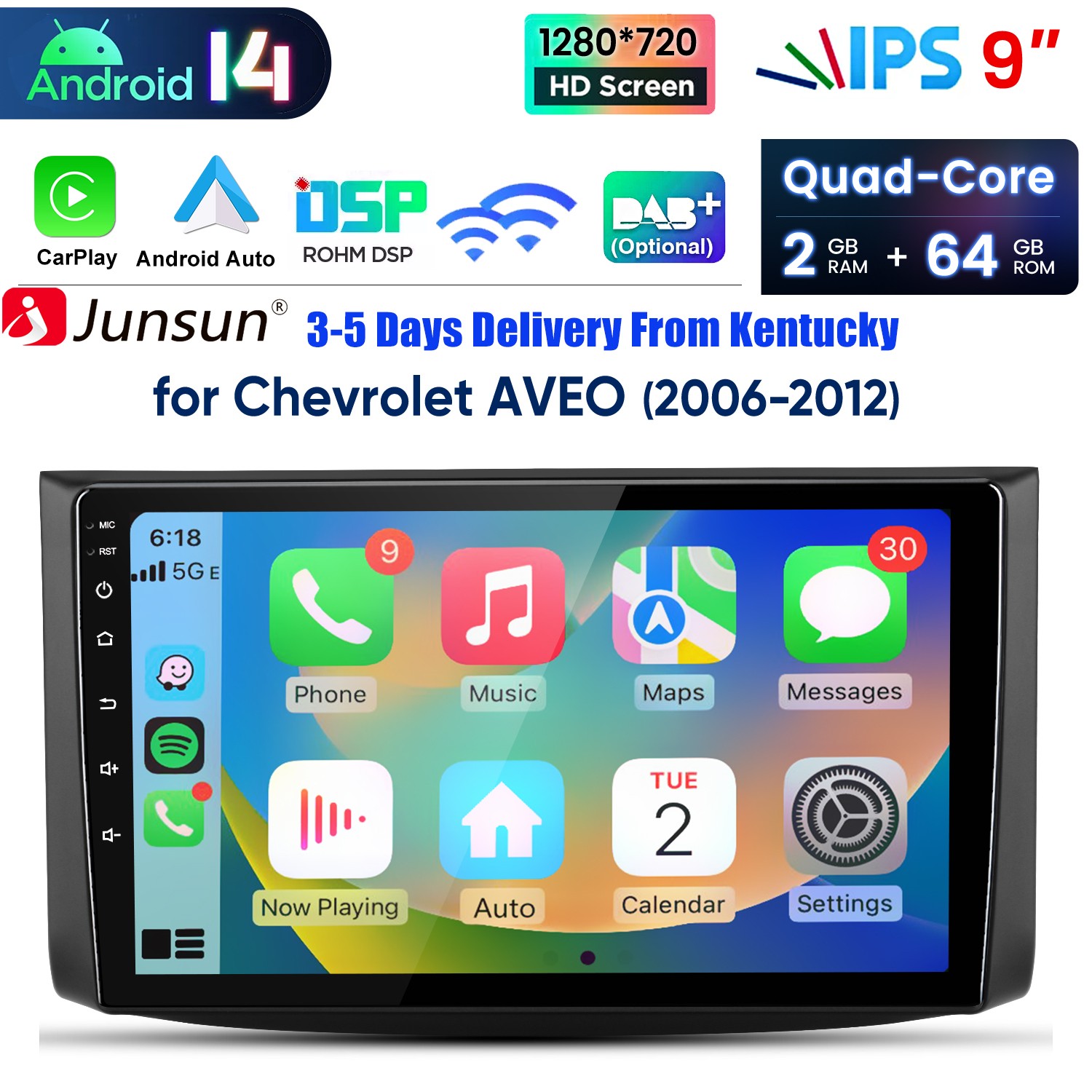 For Chevrolet AVEO 2006-2012 Car Stereo Radio GPS Navi 2+64GB Android 14 Carplay