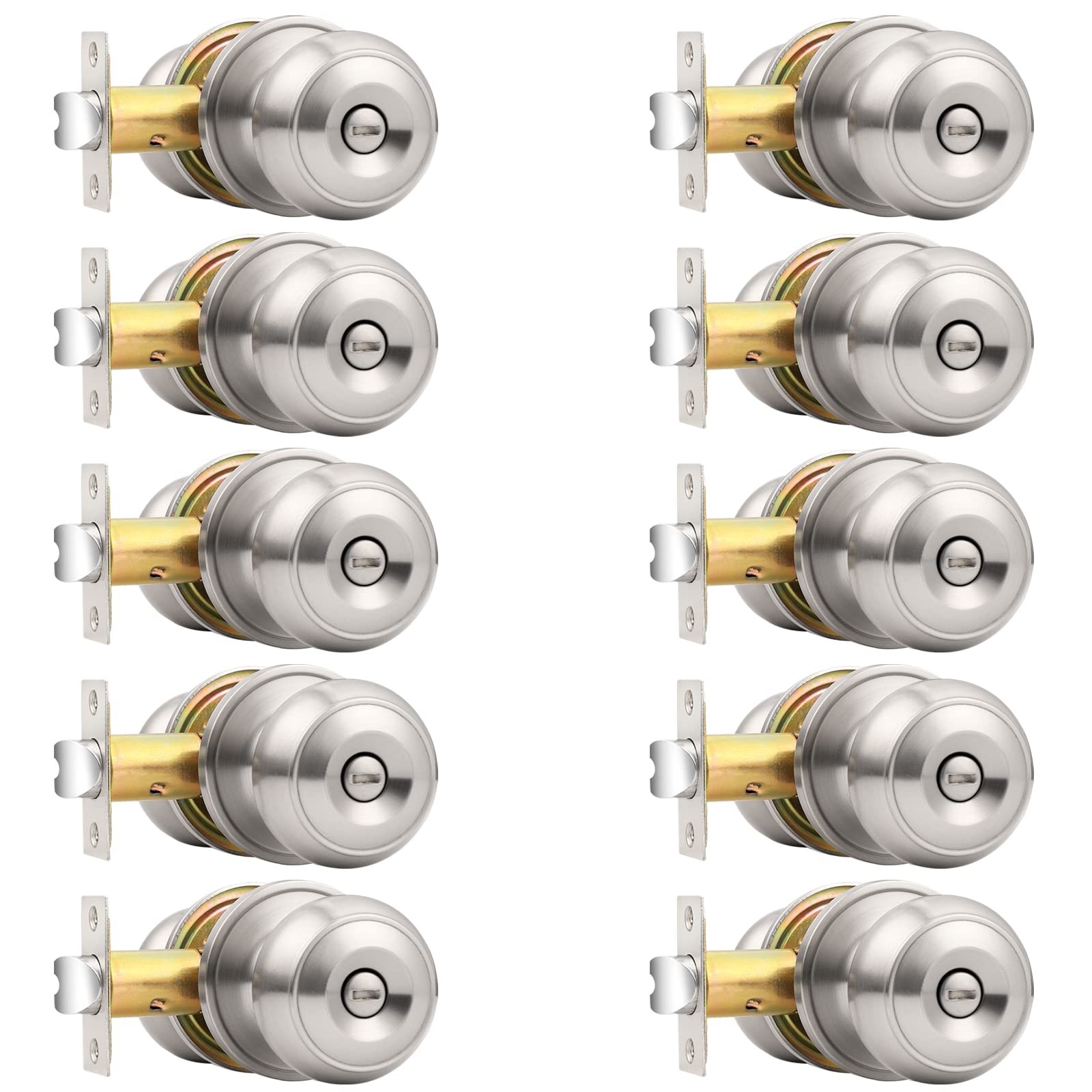 10 Pack Interior Door Knobs Bedroom Bathroom Privacy Latch 1-3/8 Brushed Nickel