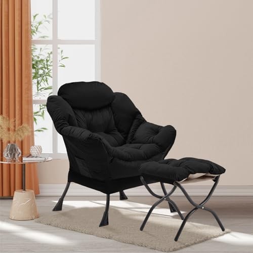 Lazy Chair with Folding Ottoman, Accent Chair Velvet Upholstered with Black-f