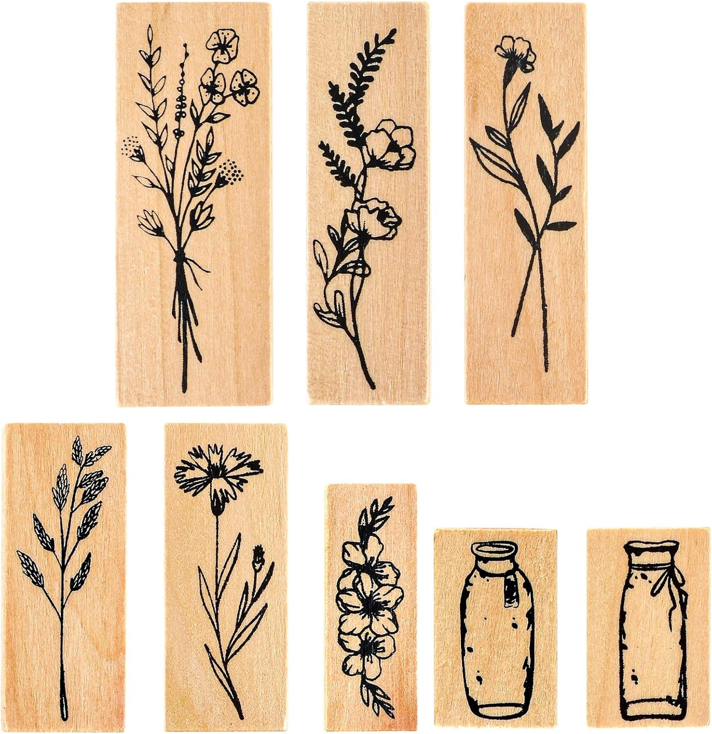 Vintage Wooden Rubber Stamp Set, 8 PCS Cute Plant Flower Bottle Stamps Decorativ