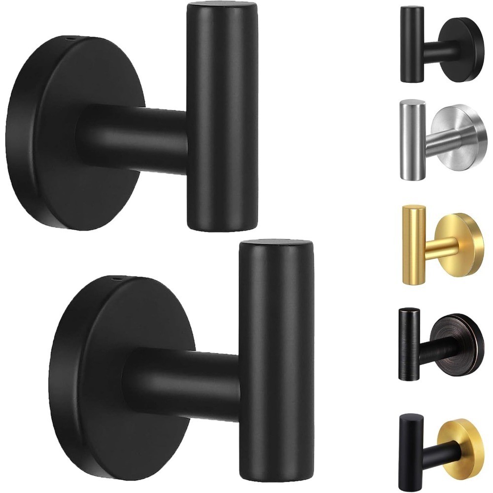 Wall Mount Towel Holder 2 Pack Black Matte Robe Hook Stainless Steel Heavy Duty