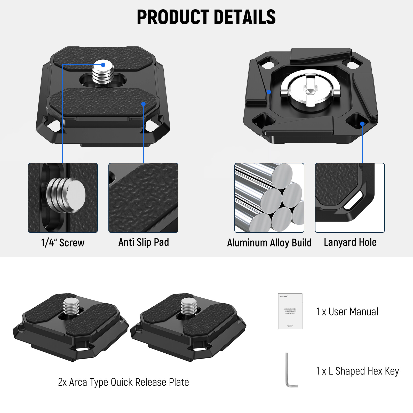 NEEWER 2 Pack Quick Release Plate with Four Side Arca Type Slots & 1/4" Screw
