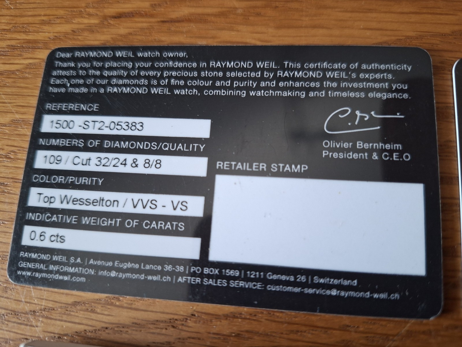 Raymond Weil Guarantee Certificate Authenticity Cards Instruction Booklets