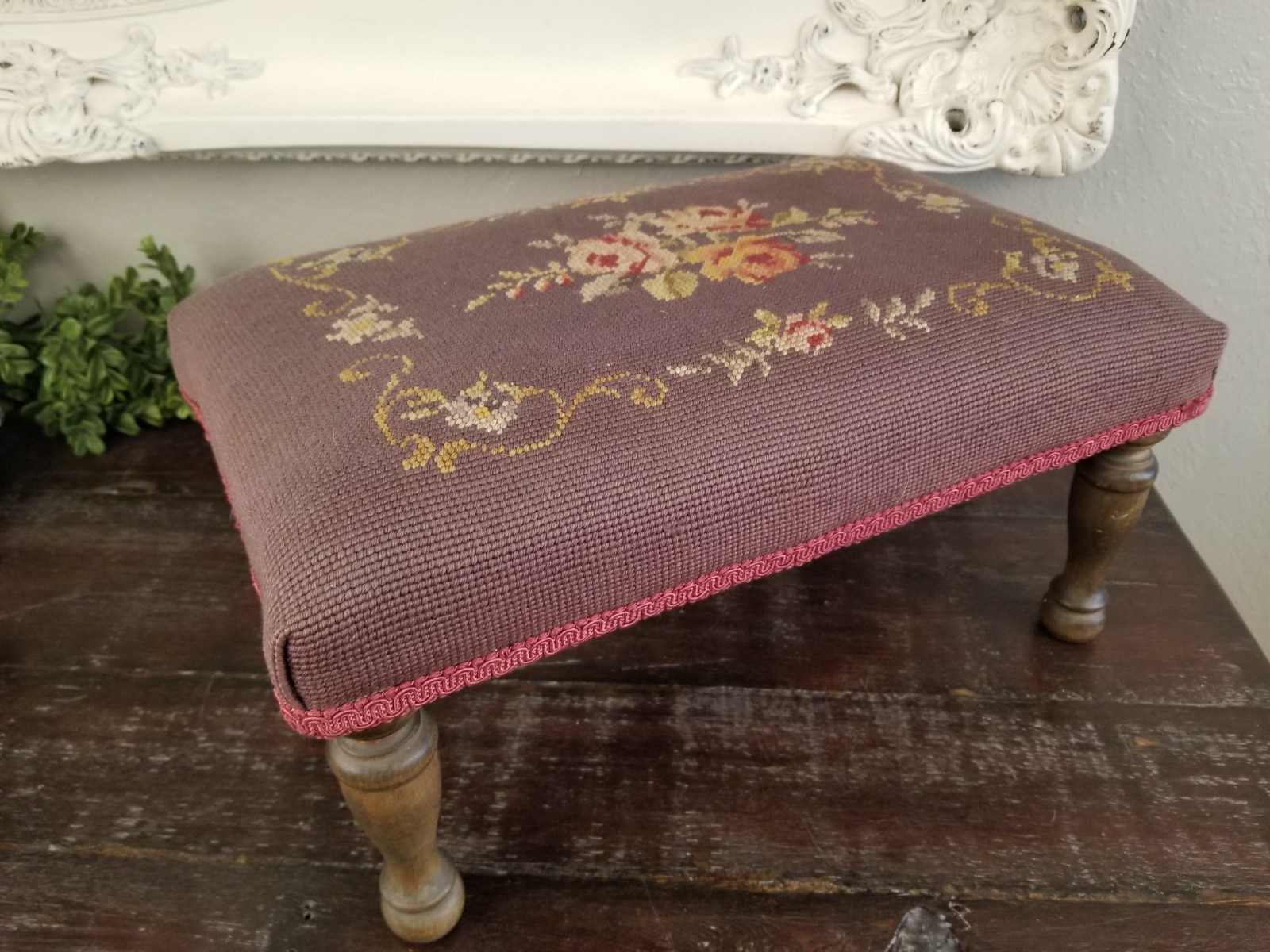 Antique Early 1900's Floral & Rose Needlepoint Wooden Footstool in Deep Mauve
