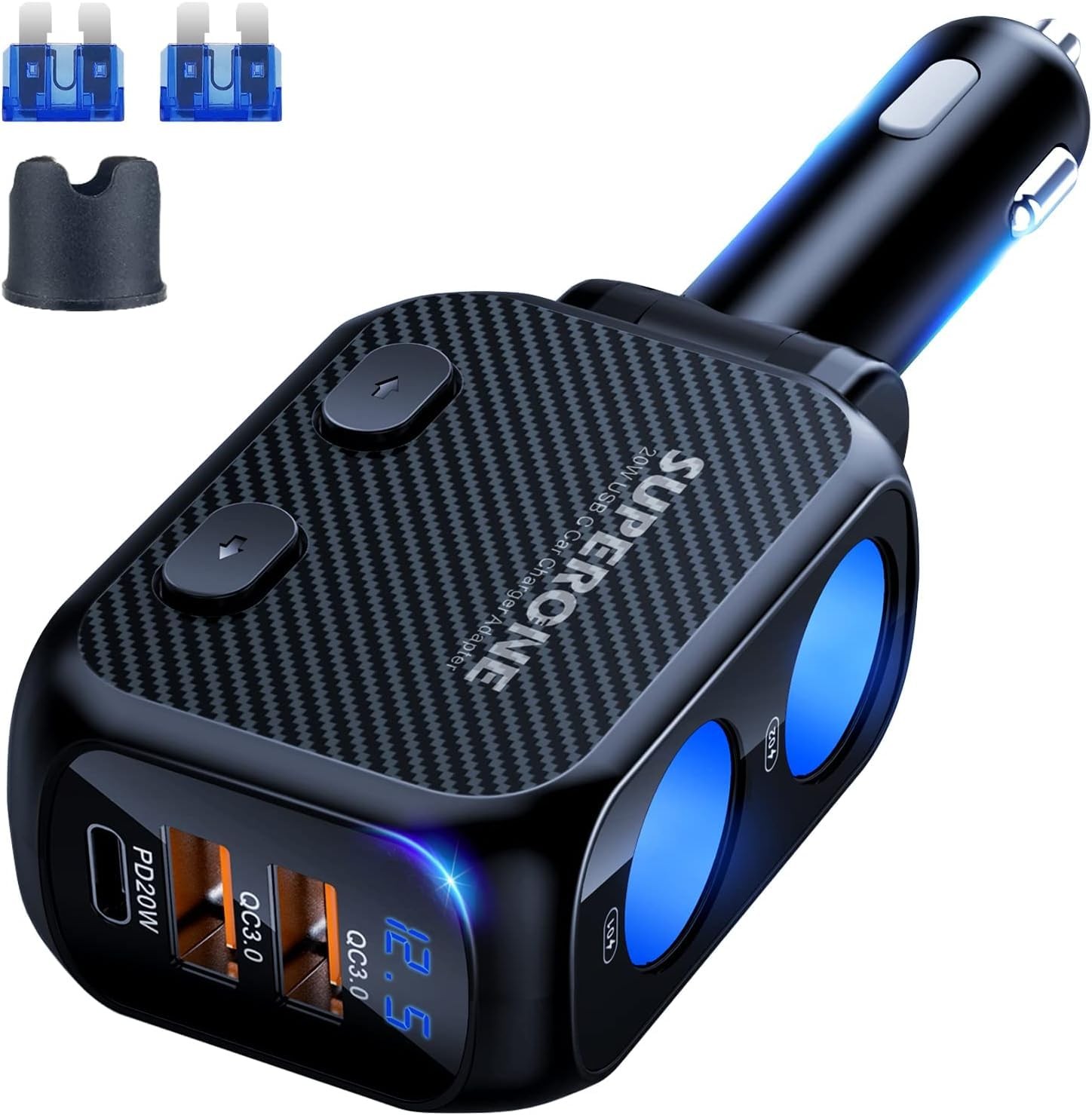 SUPERONE 180W Cigarette Lighter Splitter with 20W PD, 2-Socket black