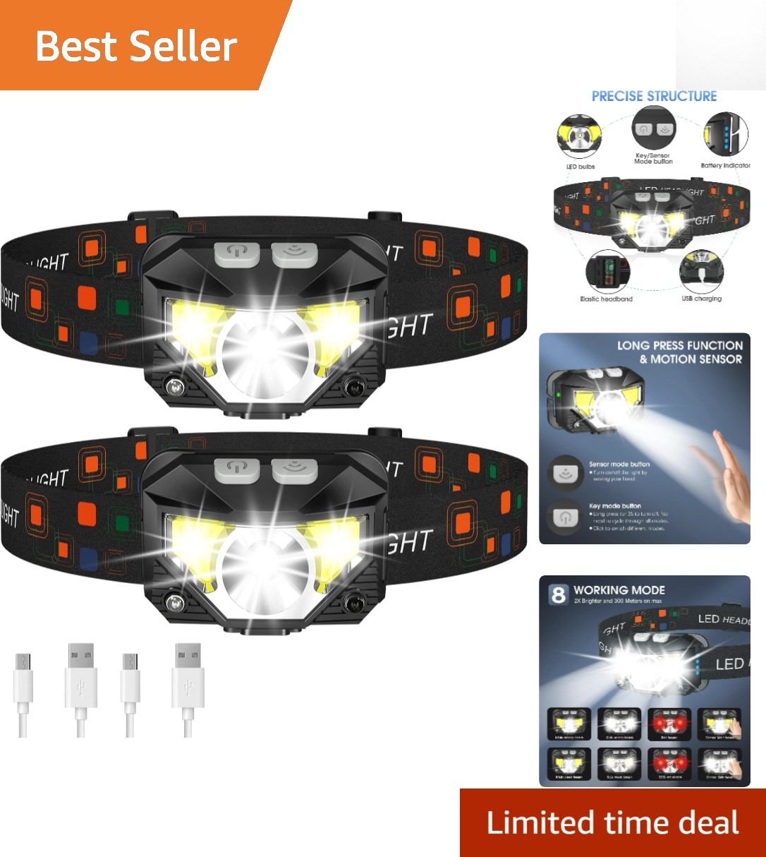 Lightweight Waterproof Headlamp with Red & White Light for Night Vision - 2 Pack
