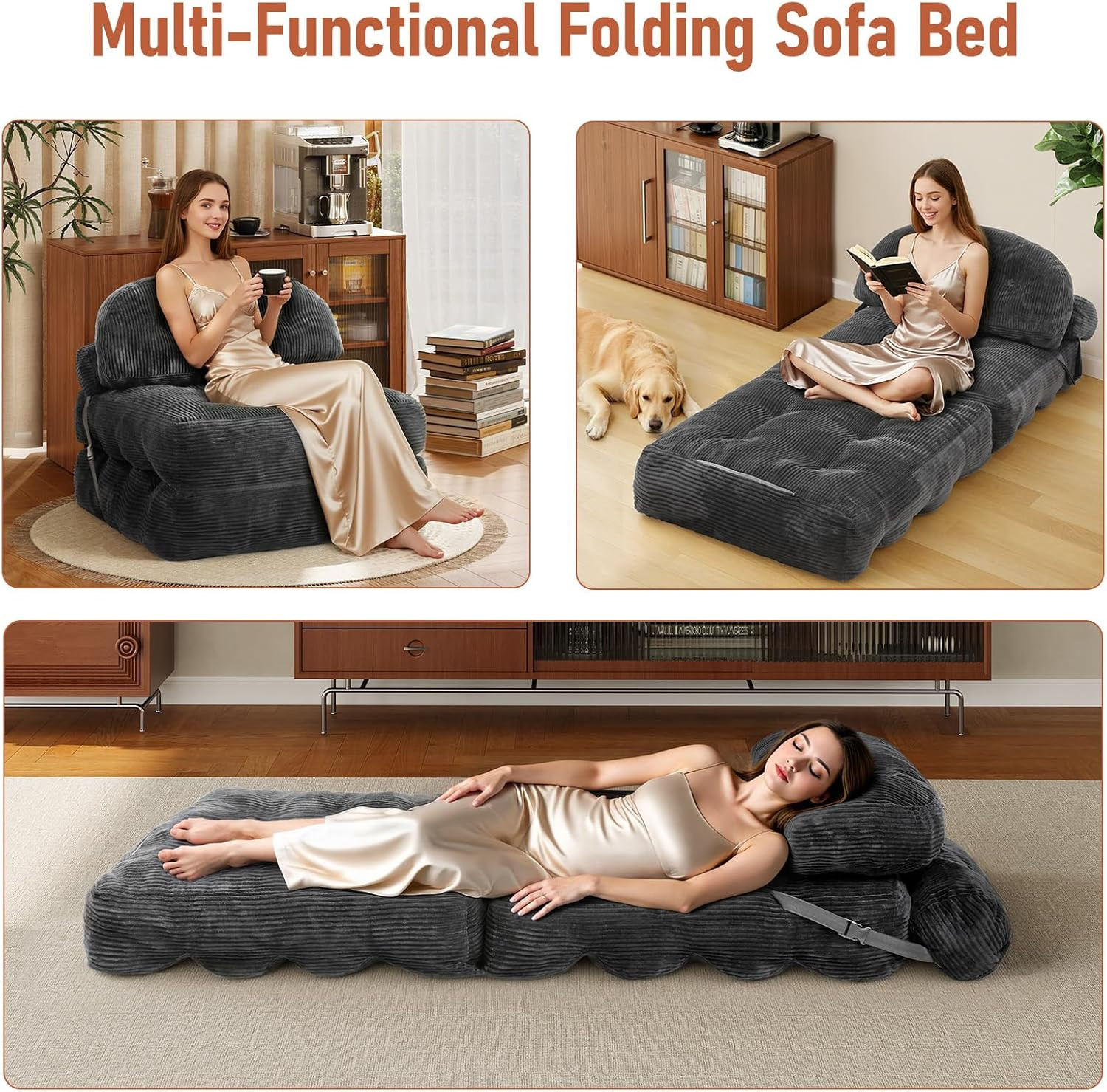 Folding Sofa Bed, Convertible Sleeper Chair with Back Support and Pillow Futon,B