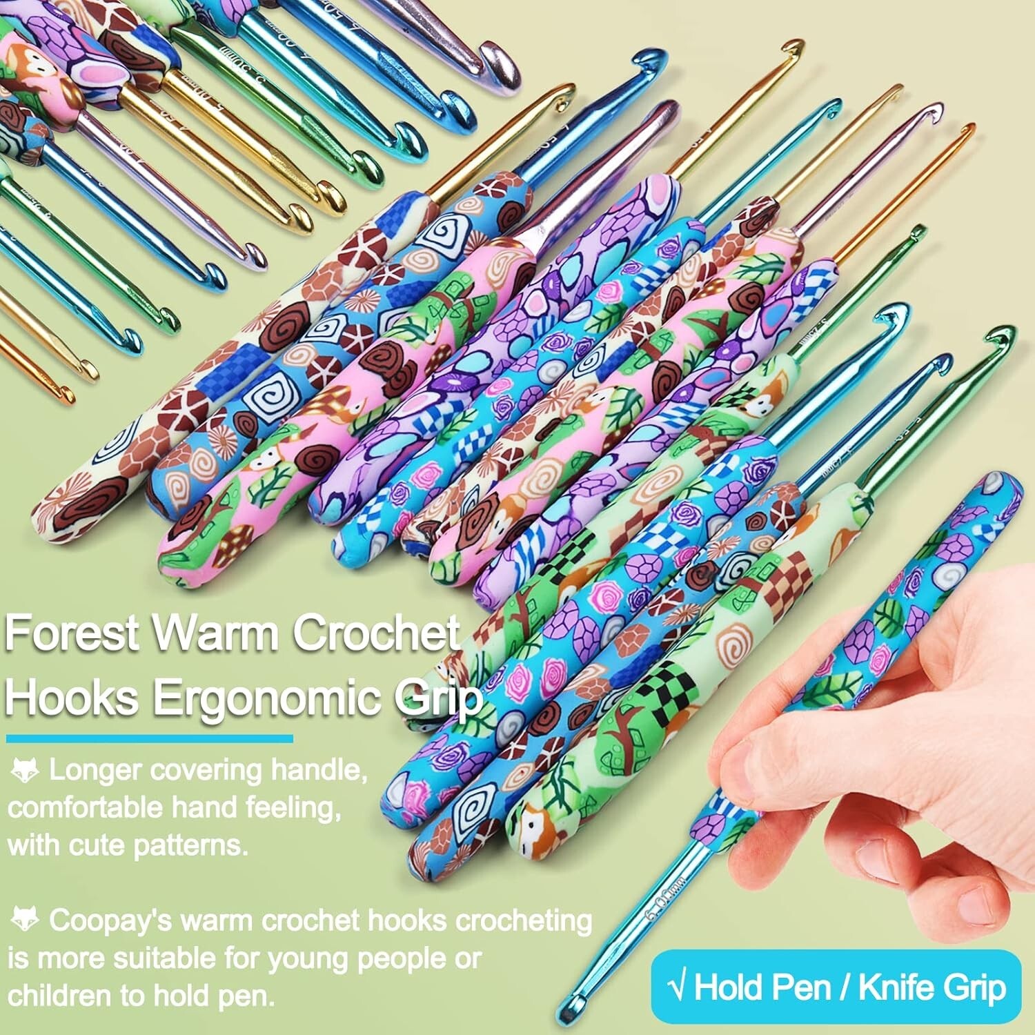 12 Sizes Ergonomic Crochet Hooks Set with Portable Case - Forest Green Elegance