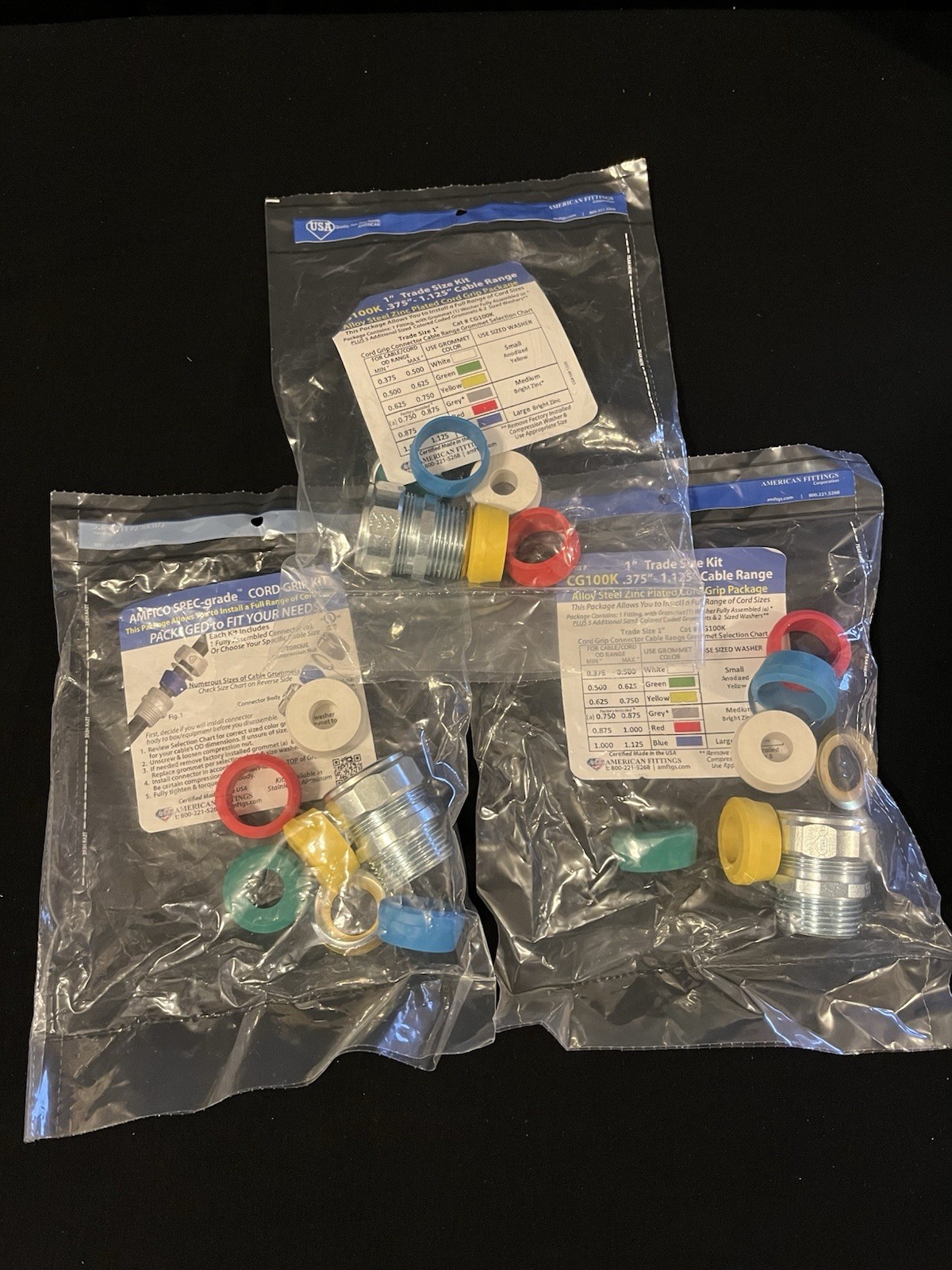 USA CG100K 1” .375-1.125cable Steel Zinc Plated Cord Grip Package, Lot Of 3 Kits