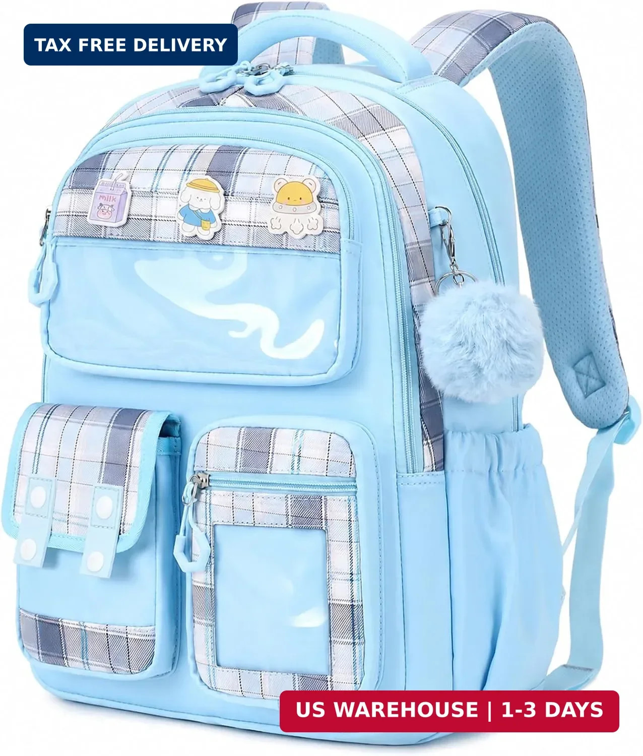 Kids Backpack for Girls - Kawaii School Backpack with Cartoon Pins & Pom Pom Cha
