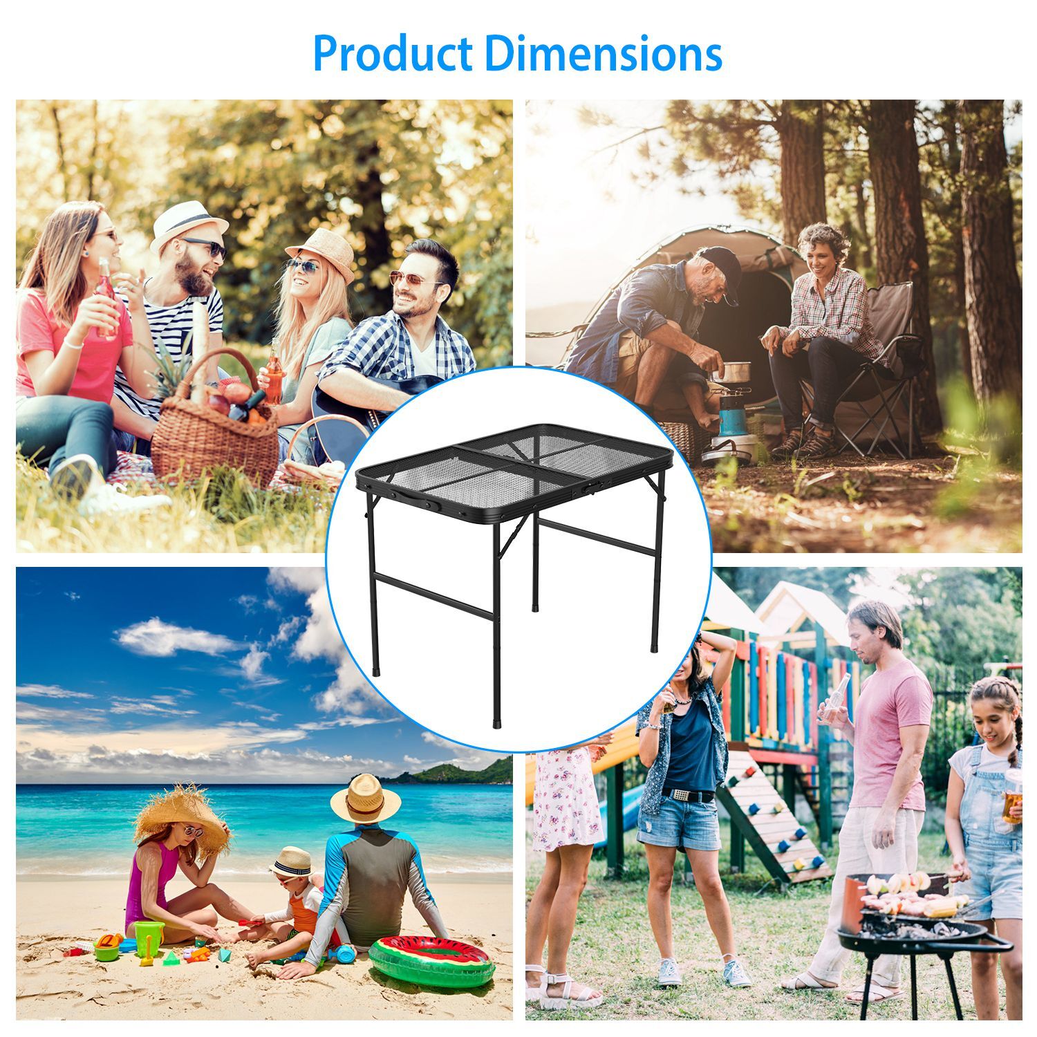 Foldable Camping Table Aluminum Alloy Adjustable Grill Stand w/Iron Mesh Table