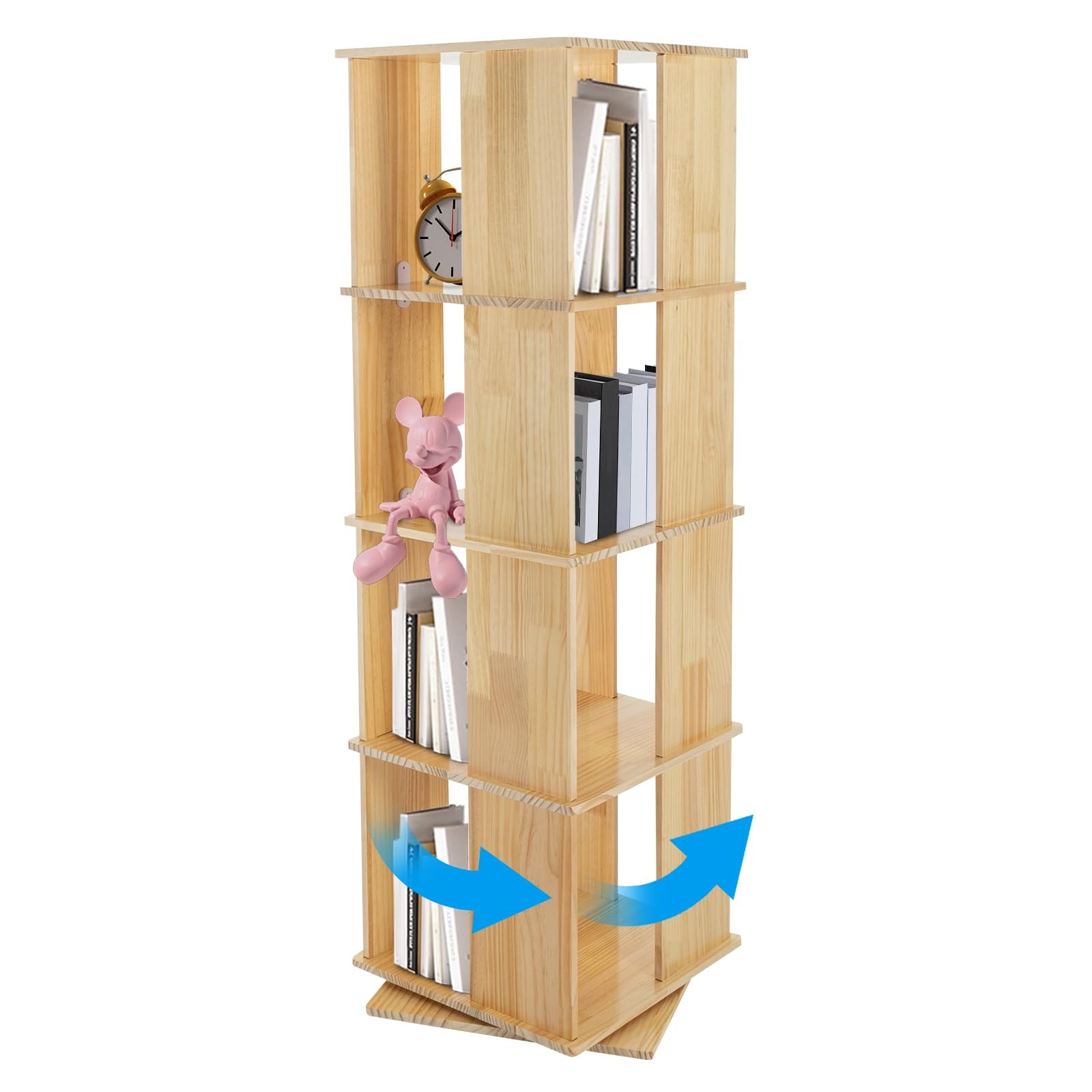360?? Rotating Bookshelf Bookcase Storage Shelf Display Rack Stand, Wood Color