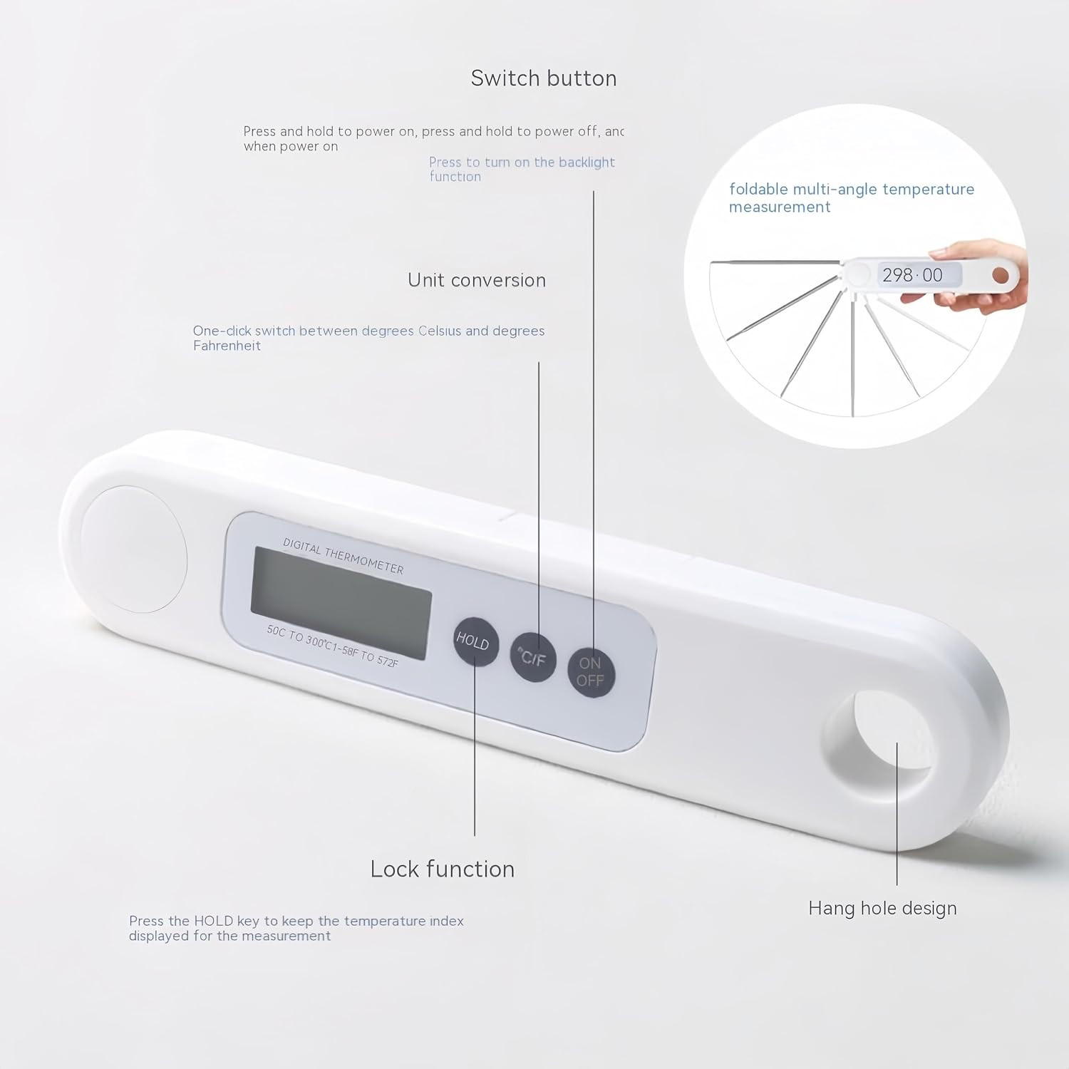 Instant Reading Food Thermometer with Foldable Probe - High Precision Digital Th