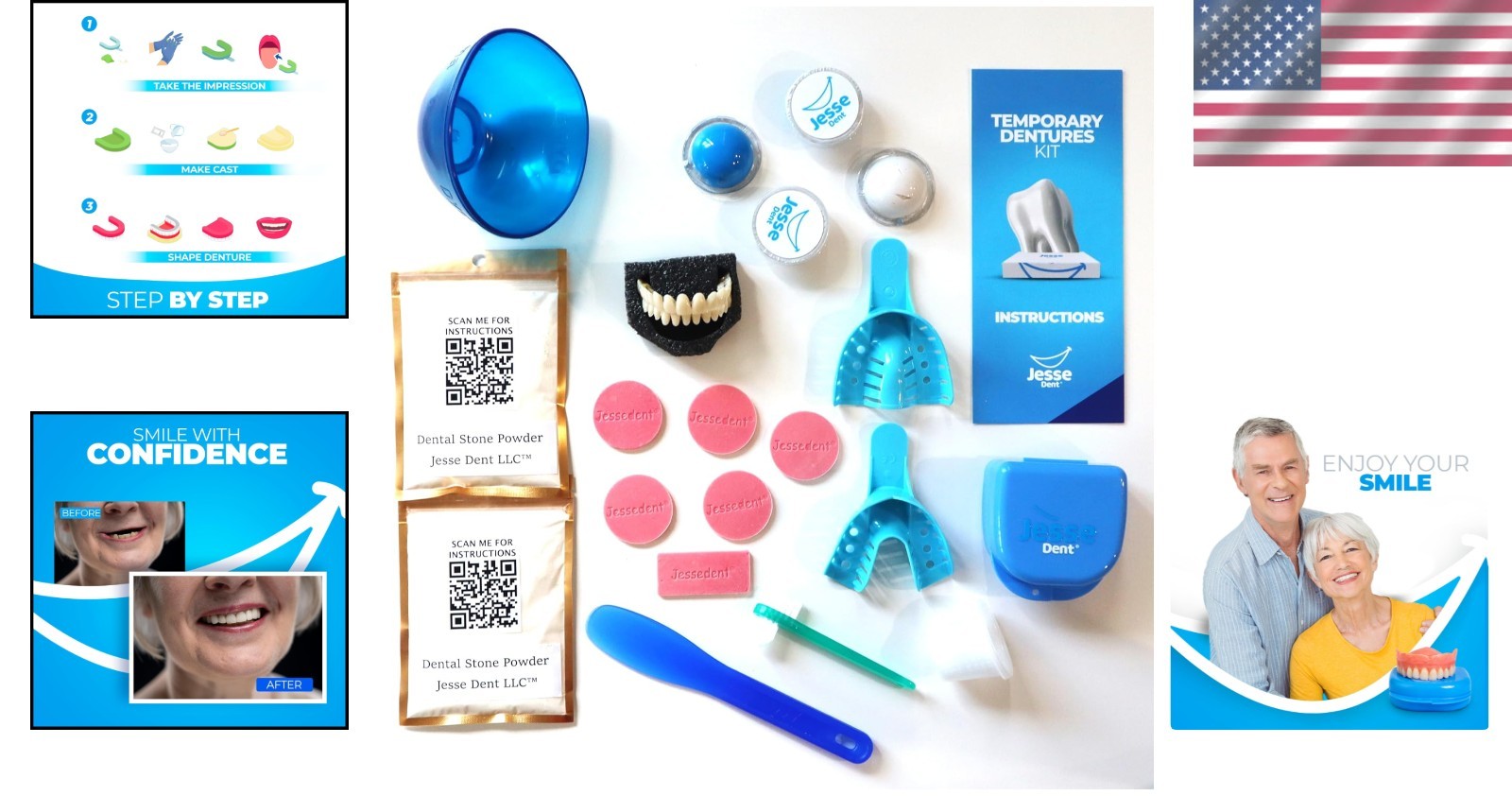 Personalized Upper and Lower Dentures - Home Solution Kit with 12 Durable Pieces
