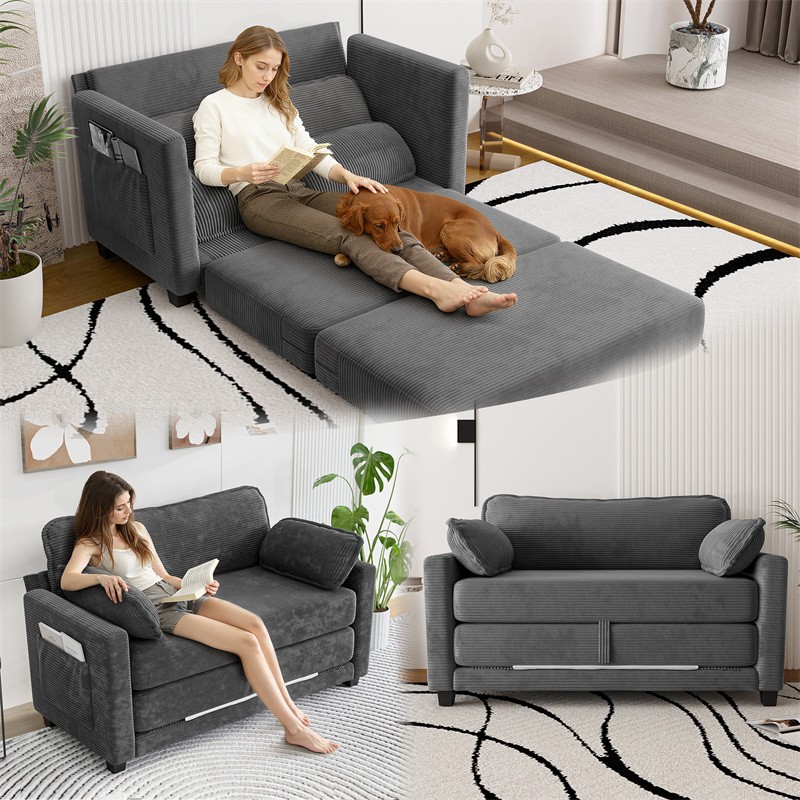 2-in-1 Convertible Corduroy Sofa Bed, Folding 2-Seater Loveseat Sleeper Sofa