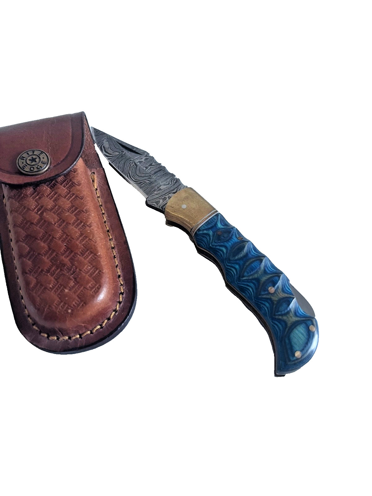 Folding Pocket Knife 3in Damascus Steel Blade Blue Wood Handle & Leather Sheath
