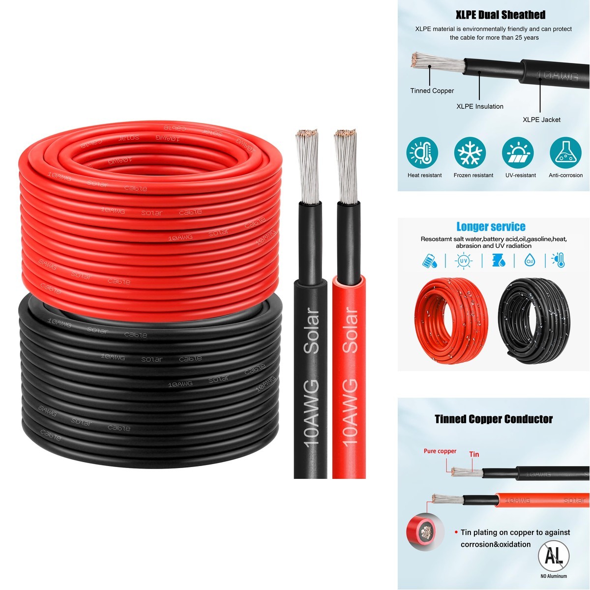 Kimbluth 10 AWG Solar Cable 100FT Red + Black Tinned Copper Wire for RV, Marine