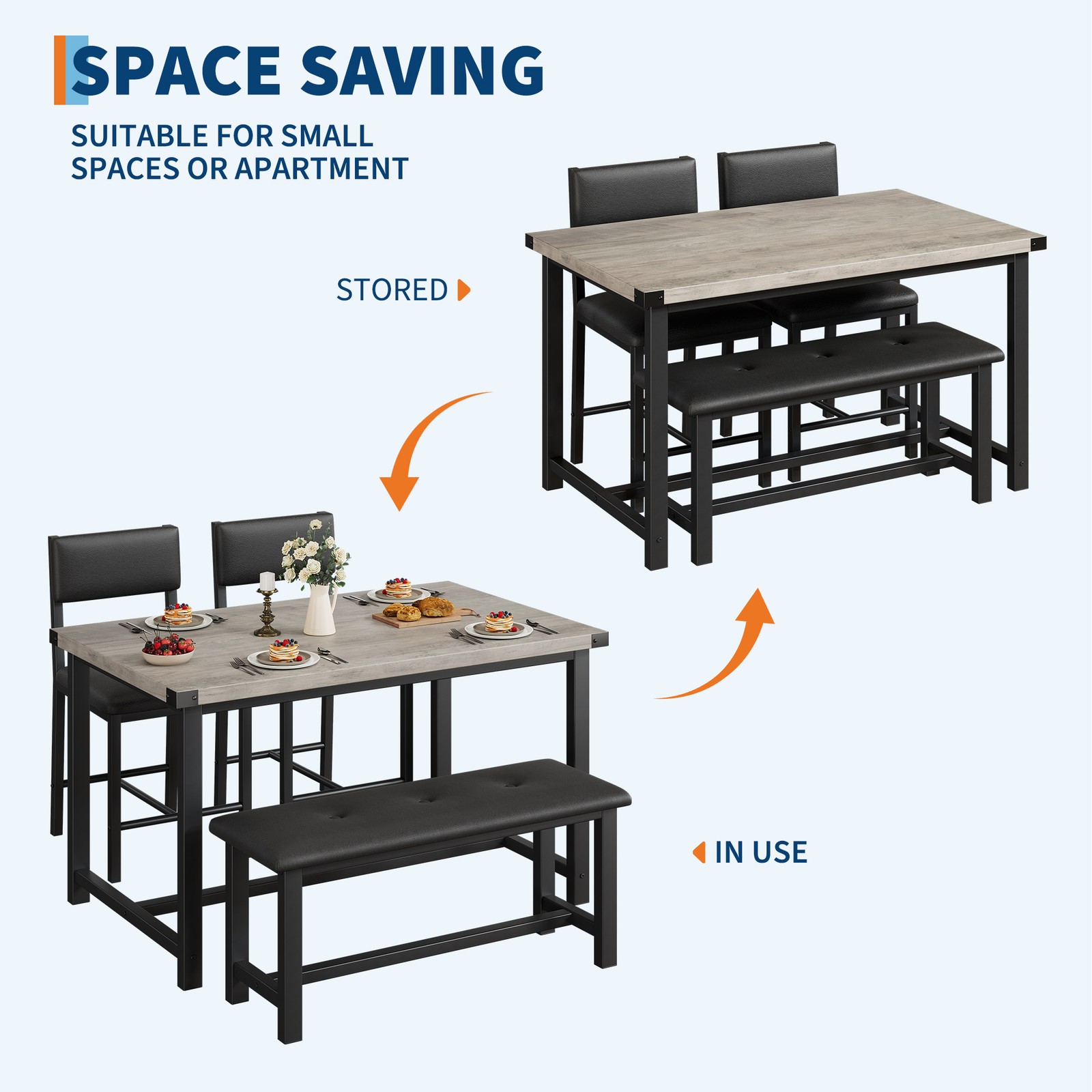 Modern Space-Saving Dining Table Set for 4, Upholstered Bench & 2 Padded Chairs