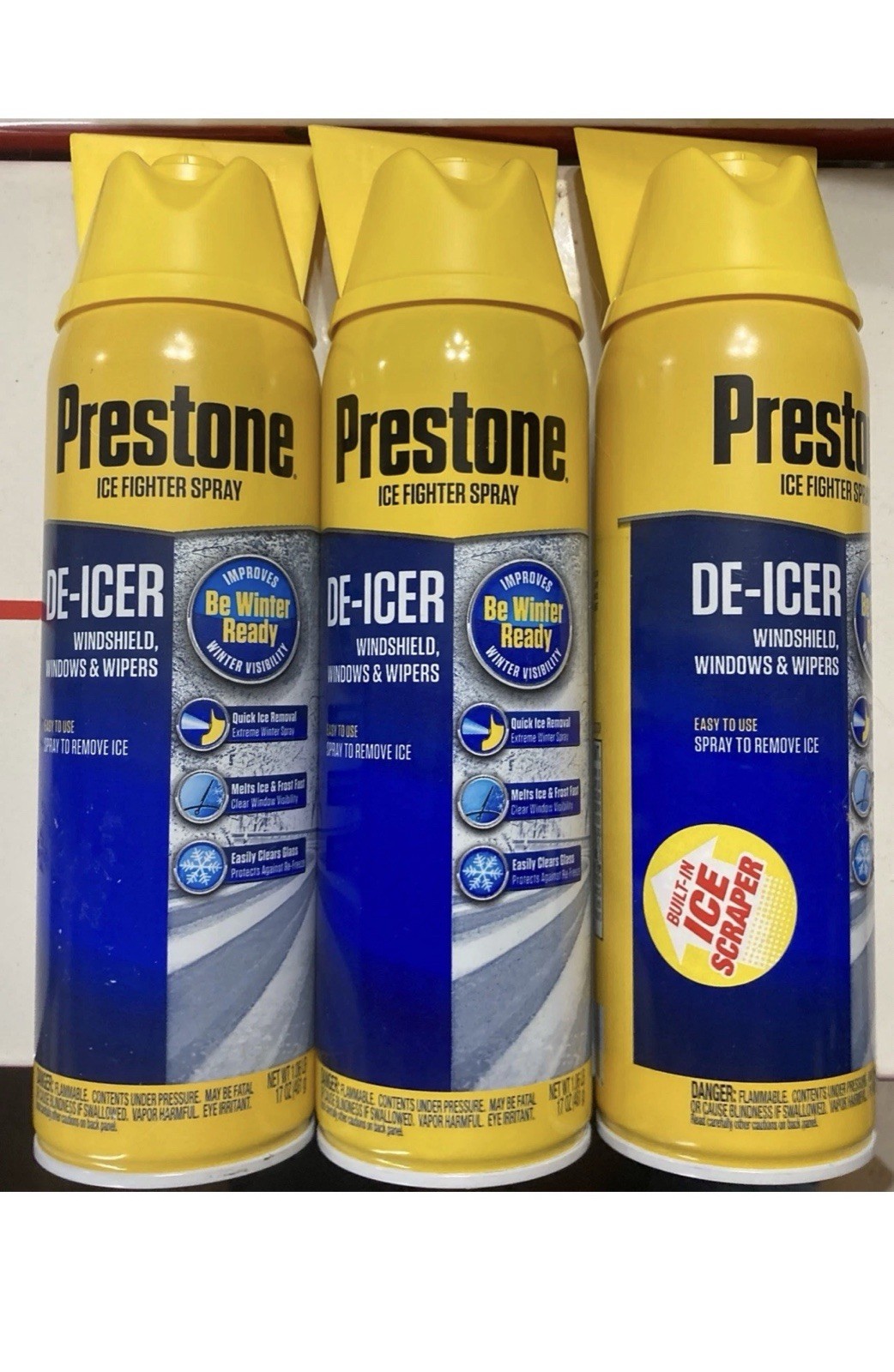 3 Prestone 11fl. oz. Ice Fighter Sprays, De-Icer For Windshield Windows Wipers